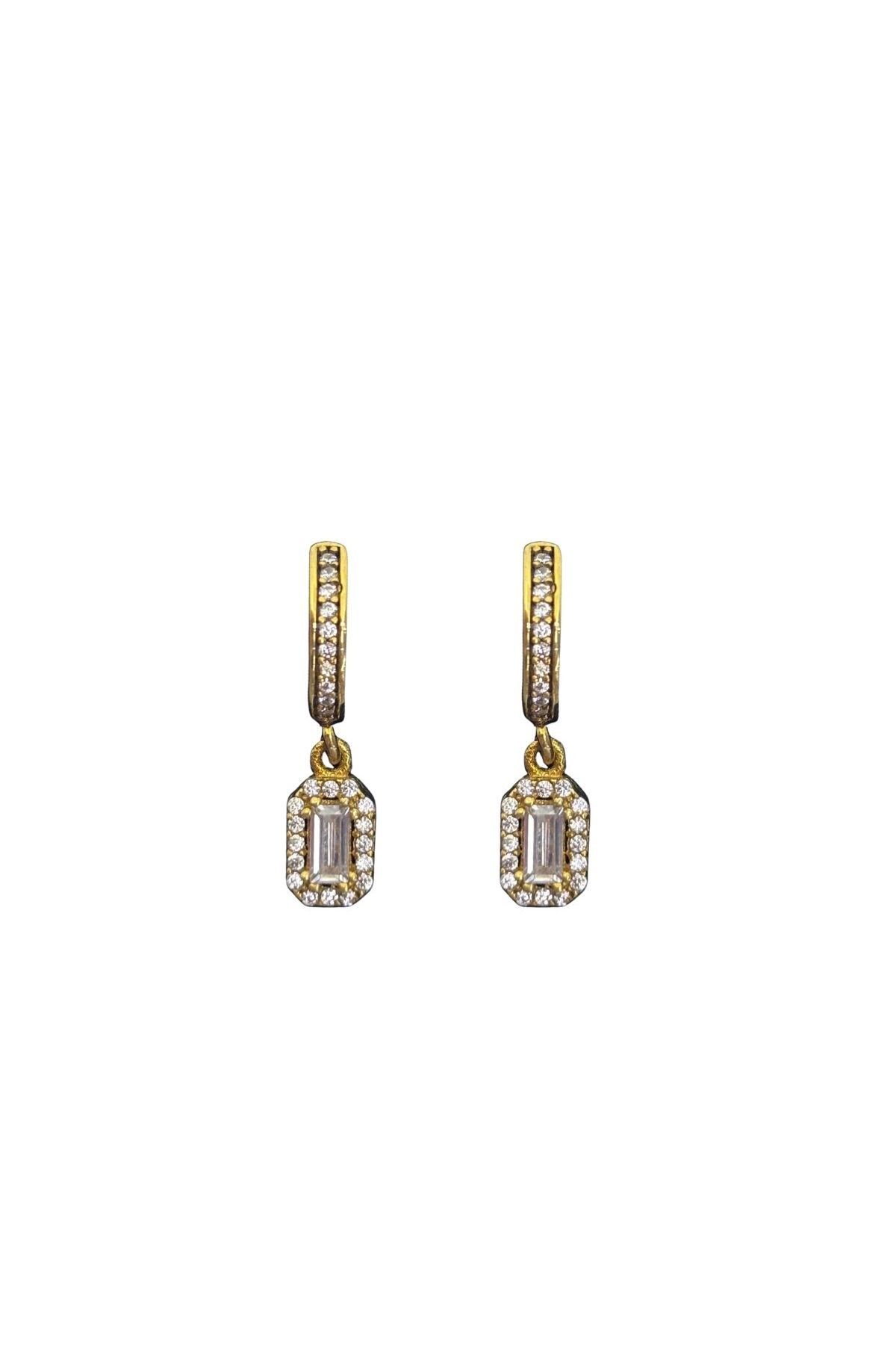 oya silver Minimal Taşlı Sallantılı Baget Taşlı Gümüş Halka Küpe 1.2x1.2 cm