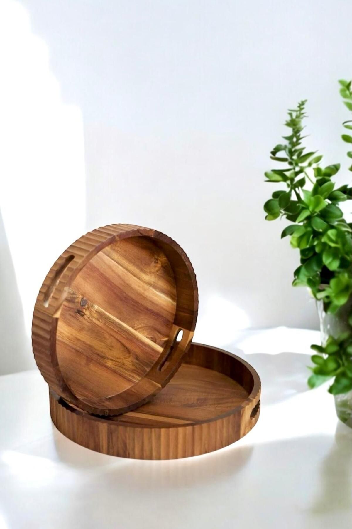 mightpera 2'li Doğal Akasya Tepsi - 30 cm- 35 cm Yuvarlak Sunum Tepsisi