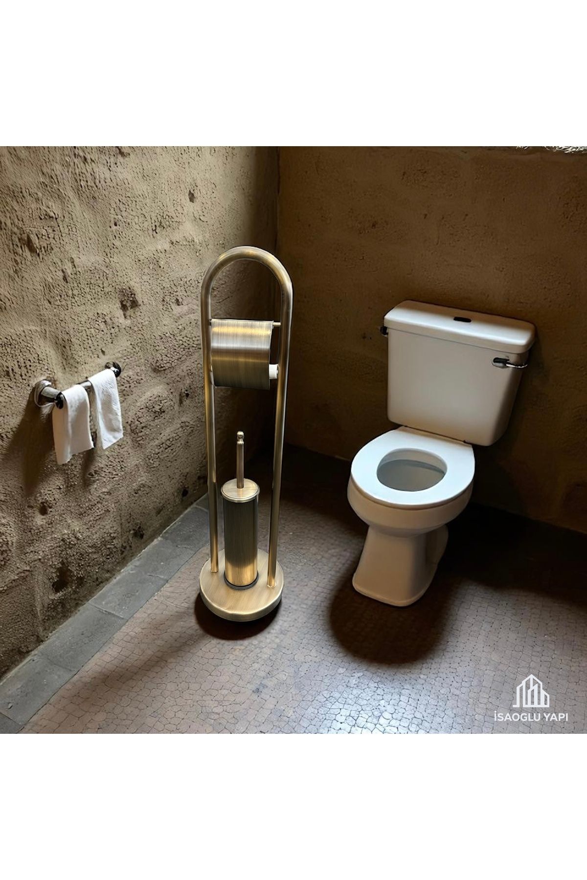 İSAOĞLU YAPI Antik Gold Tuvalet Kağıtlık ve Fırça Seti Pirinç Banyo Aksesuarı Seti Eskitme Gold Ayaklı Set