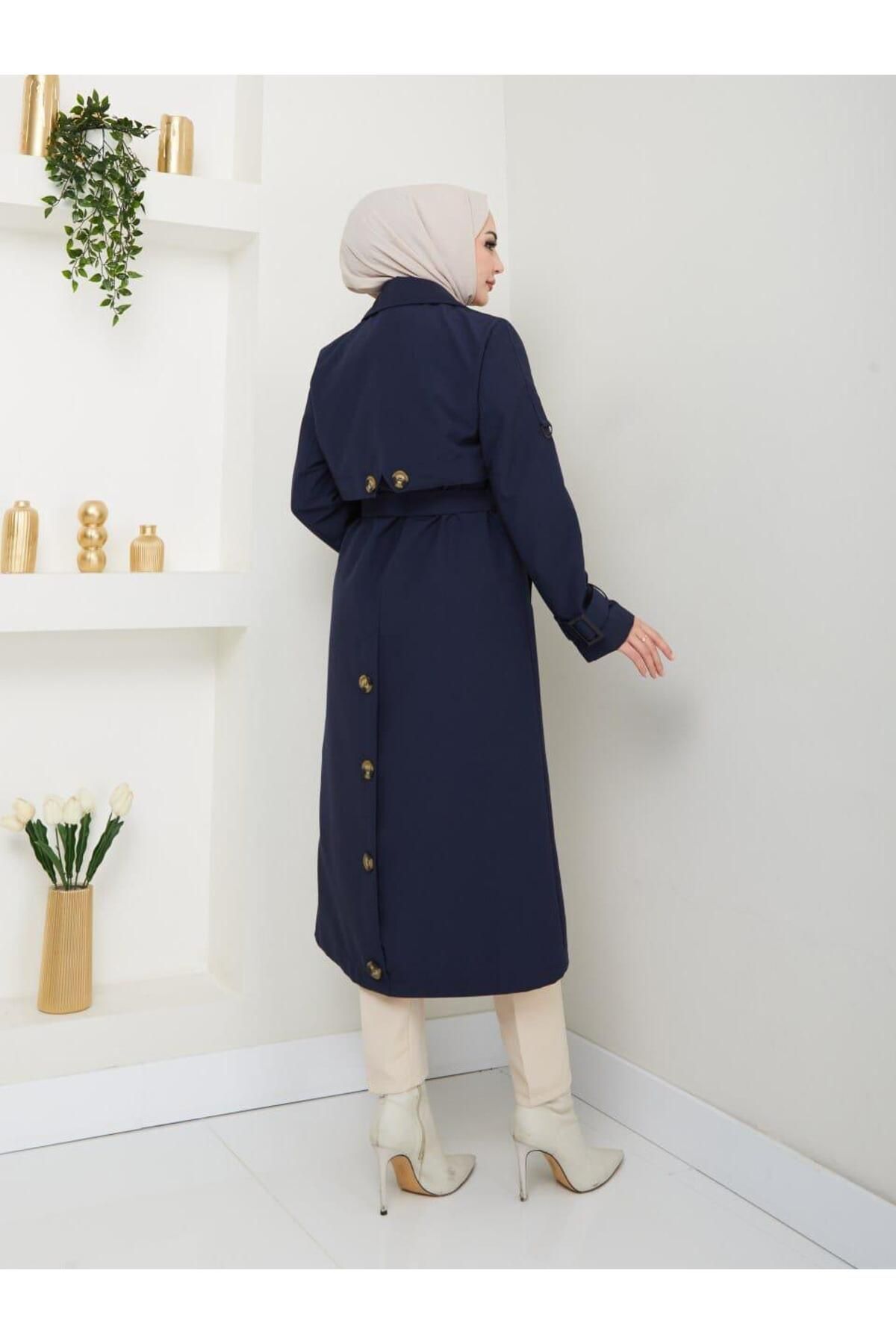 MODA STORE Kruvaze Yakalı Düğme Detaylı Bağlamalı Trençkot
