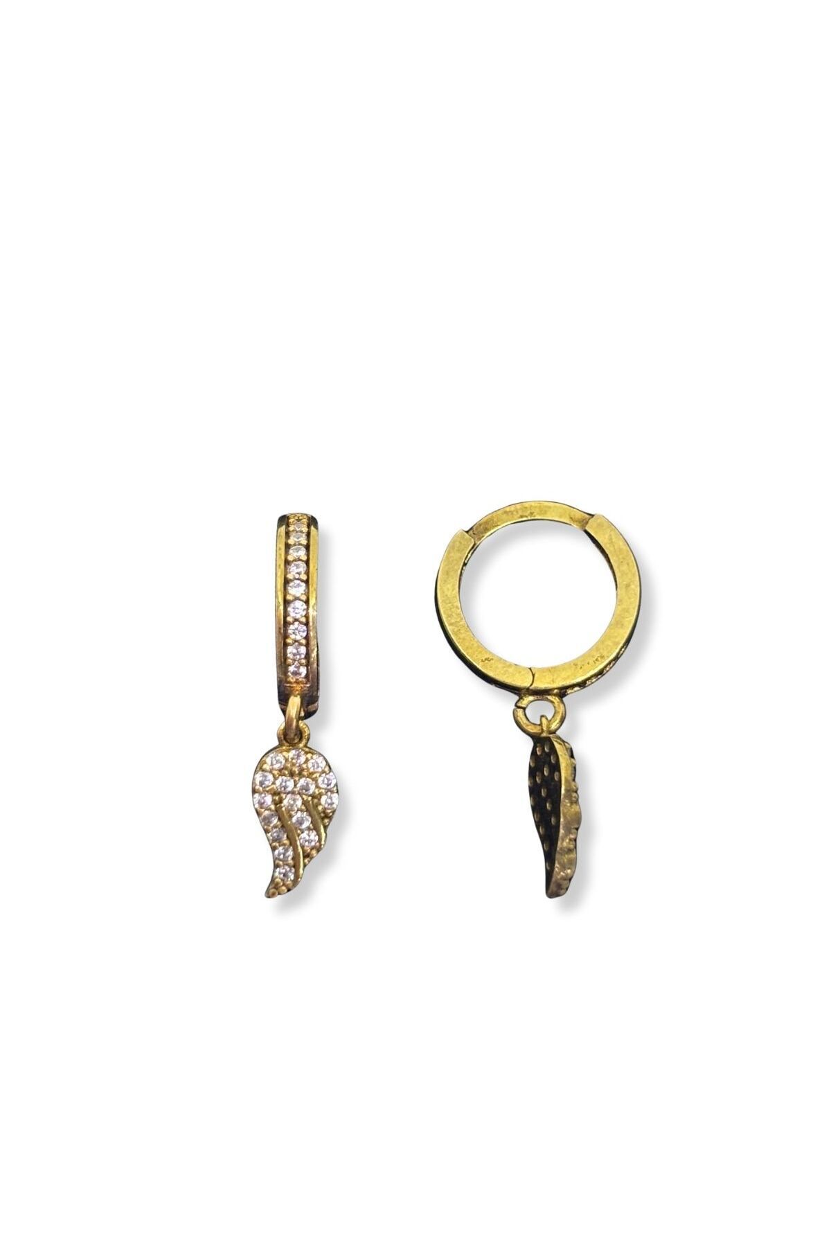 oya silver Minimal Taşlı Sallantılı Melek Kanadı 24K Altın Kaplama Gümüş Halka Küpe 1.2x1.2 cm