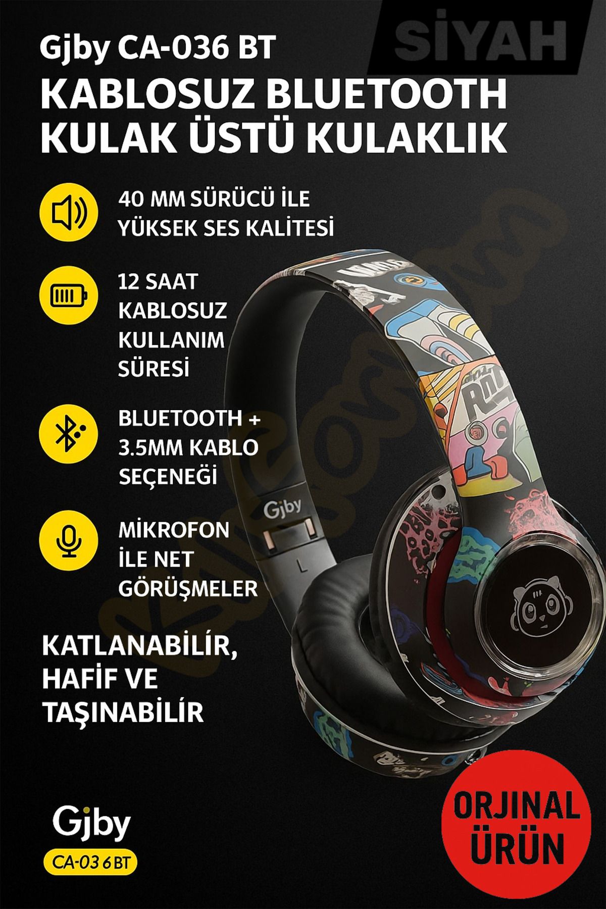 Kılıforyum Kablosuz Bluetooth Kulaklık | Katlanabilir Tasarım | Mikrofonlu | Oyun Kulaklığı | 40 mm Sürücü