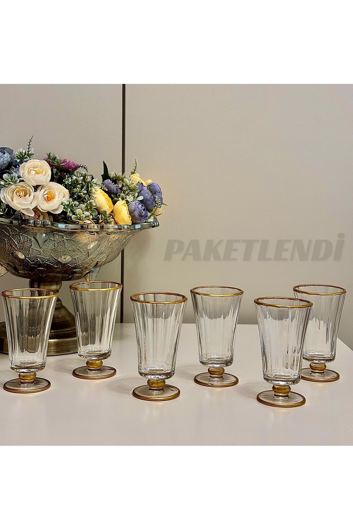 PAKETLENDİ Diamond Gold 140ml 6' lı Ayaklı Kristal Kahve Yanı Bardak