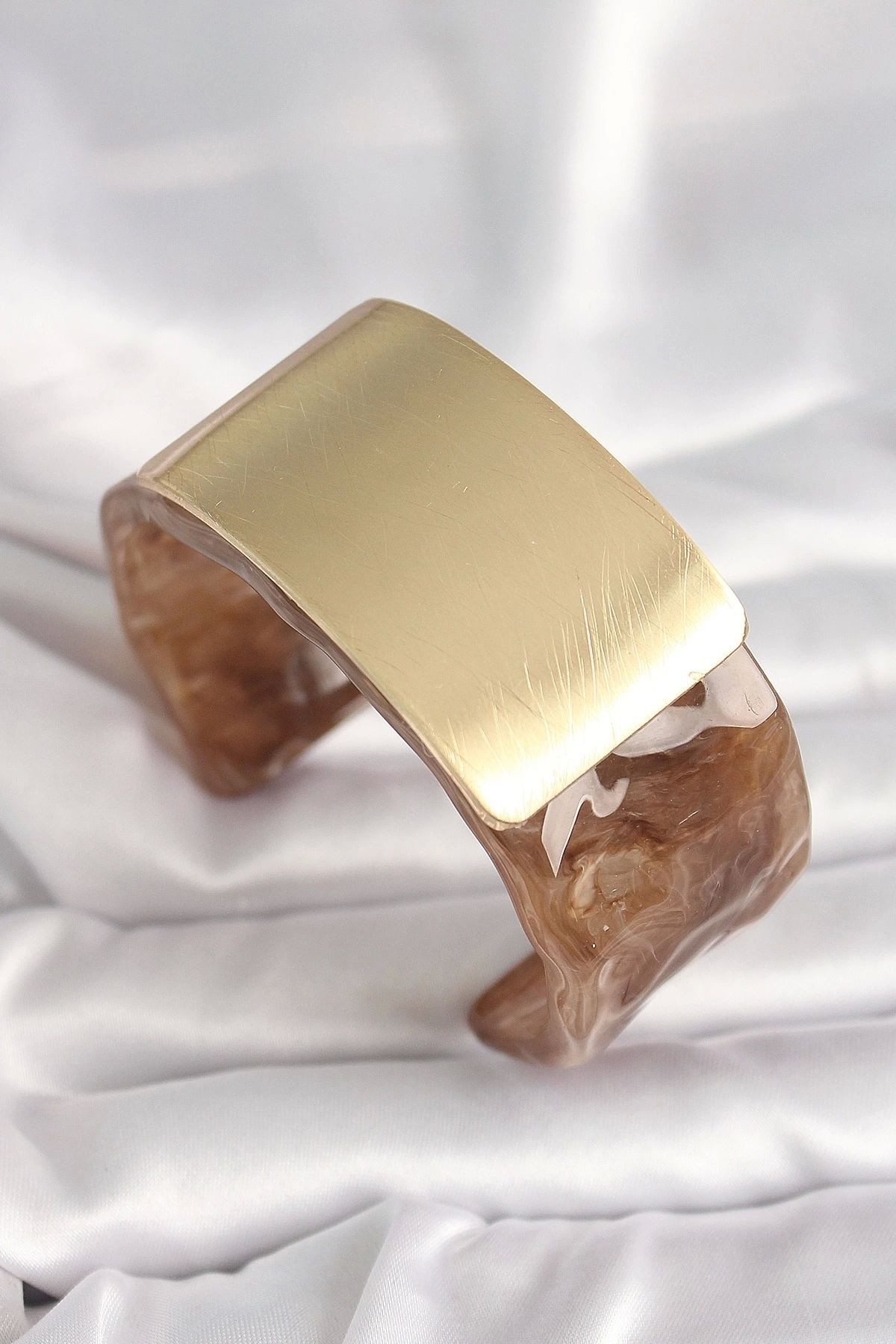 Generic Kahverengi Mermer Desen Akrilik Platik Gold Dikdörtgen Plaka Model Vintage Kadın Bilezik