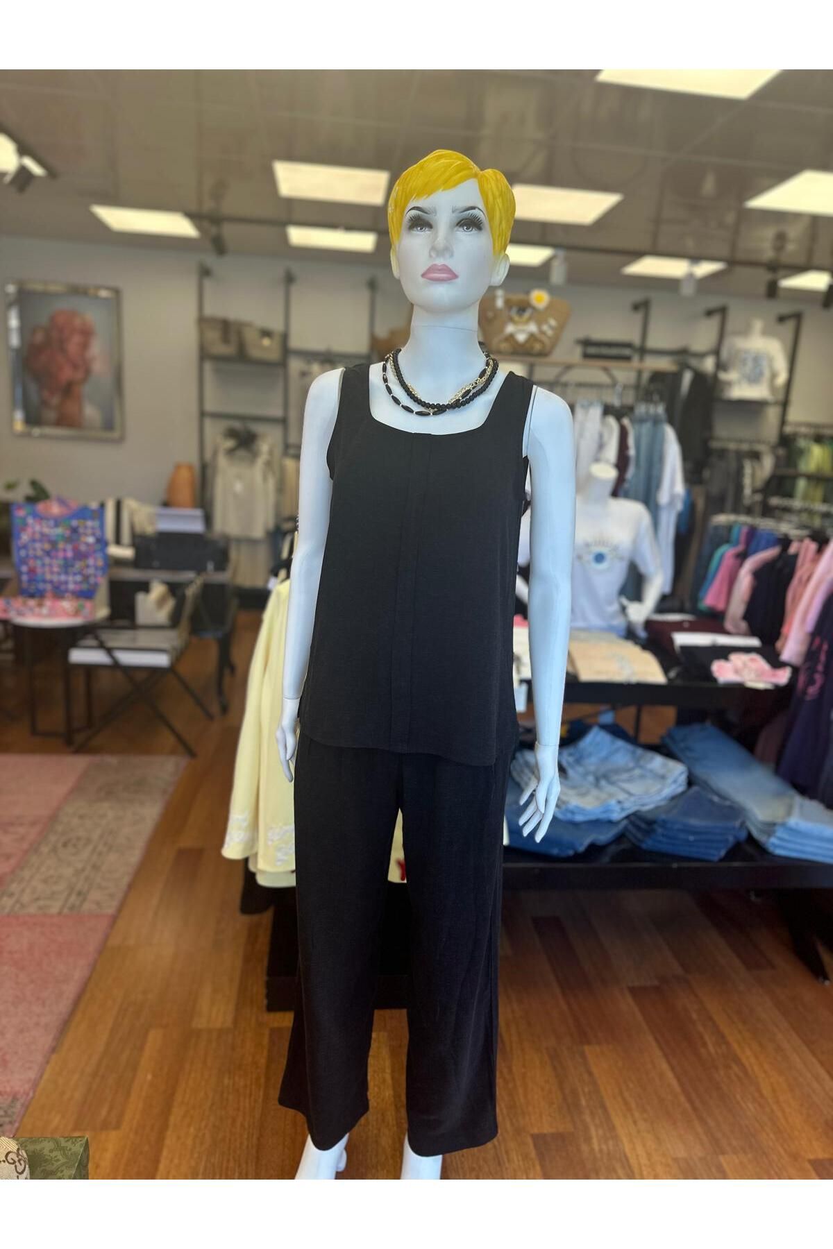 DOLCE QUEEN Kadın Kolsuz Bluz Pantolon Keten Alt-üst Siyah Takım
