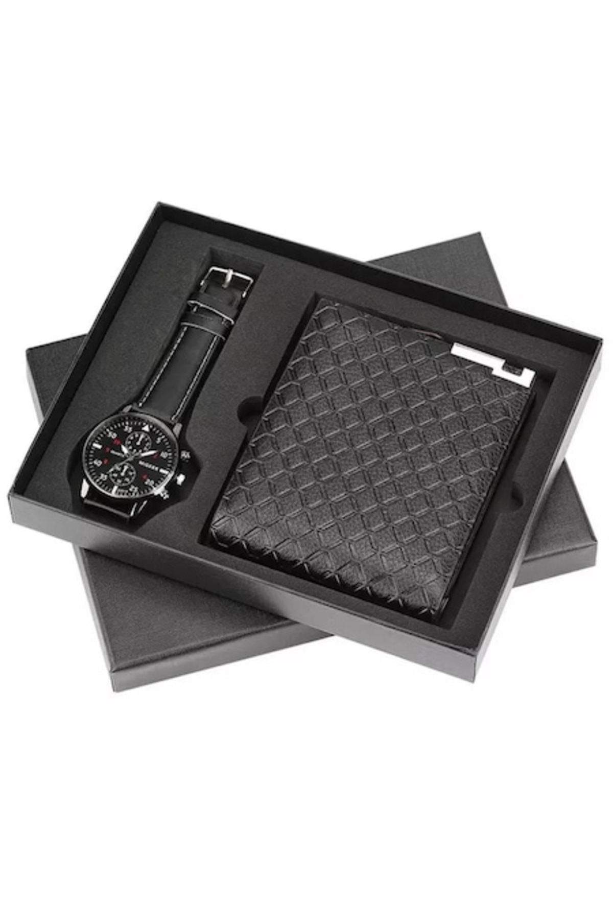 Tessero-- Set of analog watch and leather wallet, quartz mechanism, chronograph, black box 1
