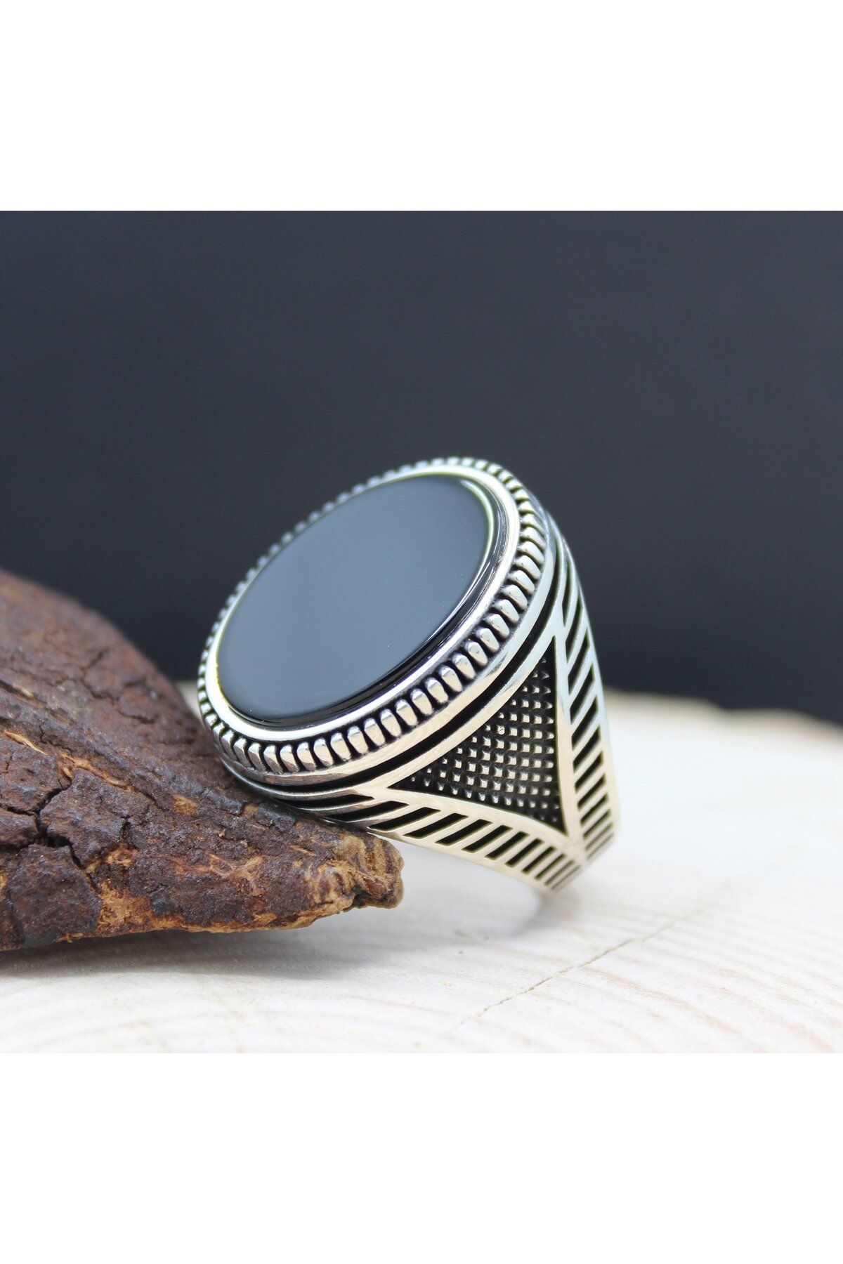 QubbeSilver 925 Ayar Oval Düz Oniks Taşlı Gümüş Erkek Yüzüğü