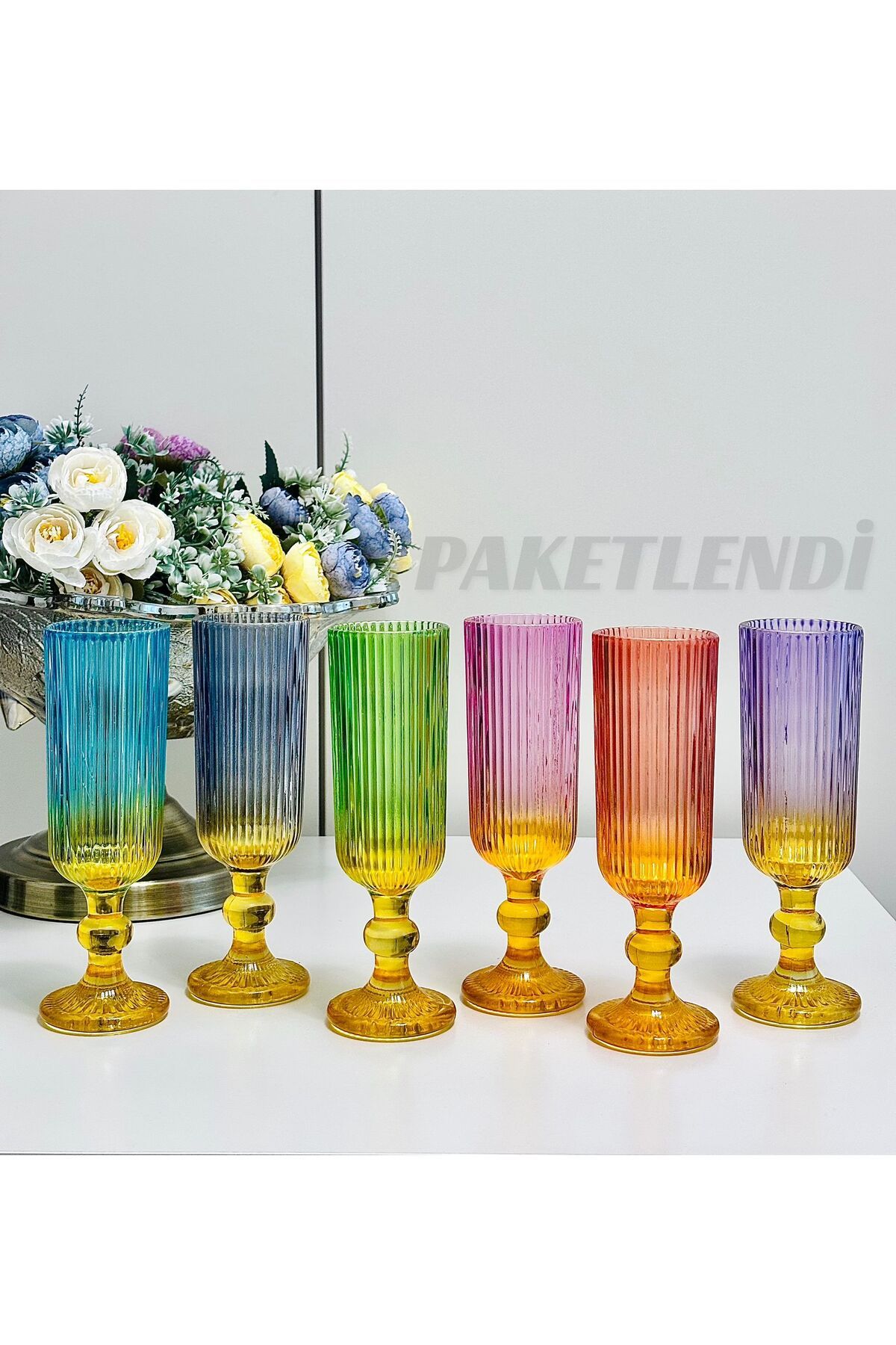 PAKETLENDİ Çift Renk 185 ml 6' lı Çizgili Ayaklı Kristal Kahve Yanı Bardak
