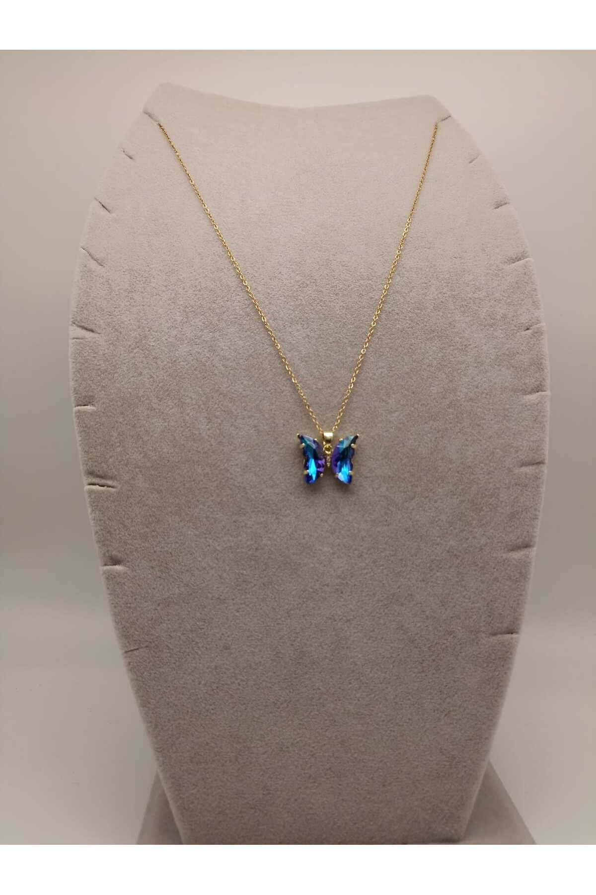 TLSMACCESORIES ÇELİK KOLYE MAVİ KELEBEK