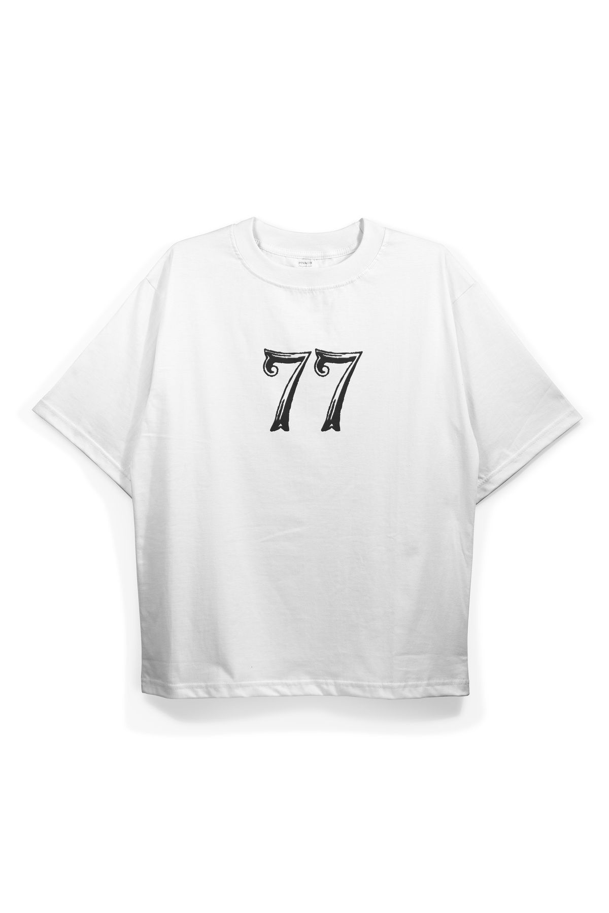 Pinned Unisex 77 Baskılı Beyaz Oversize Tişört | Arka ve Ön Baskılı Pamuk Yazlık Erkek Kadın Tshirt