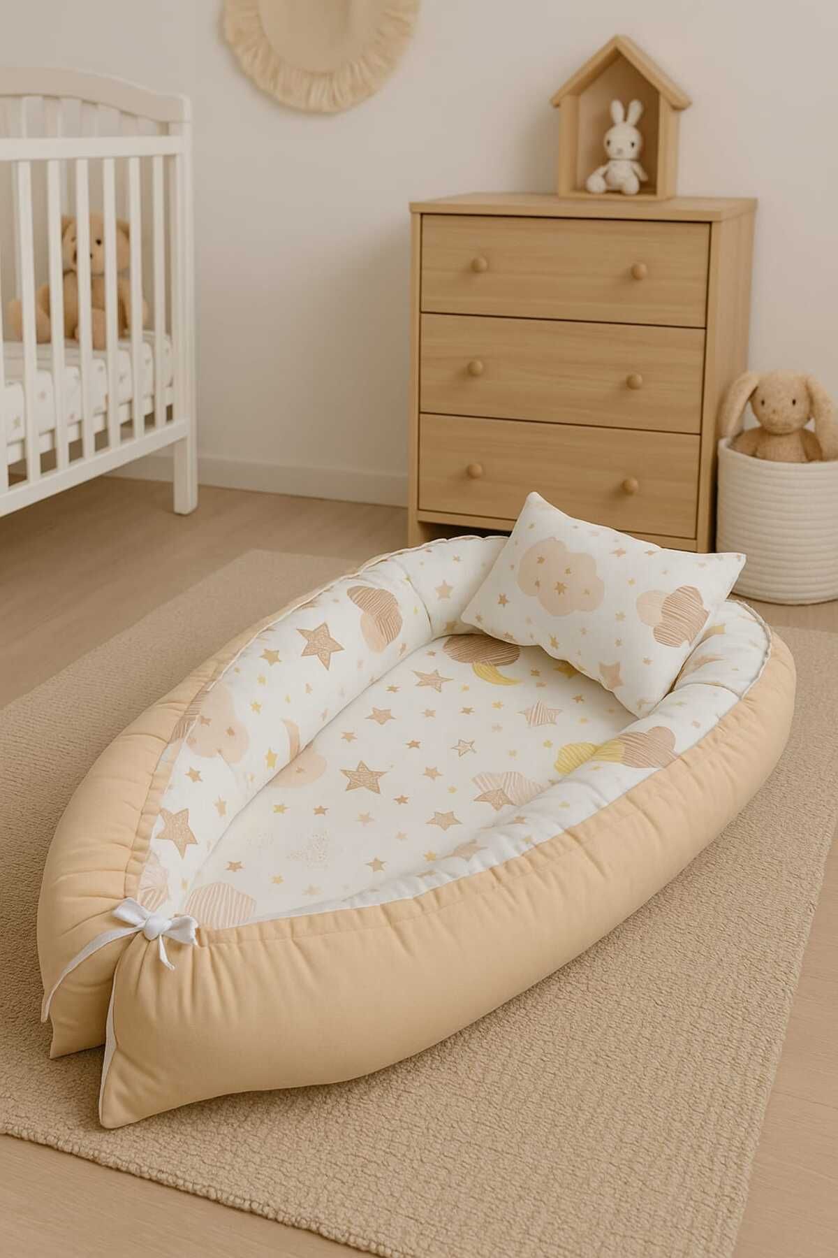 JULYA KİDS Bulutlu Desen Taşınabilir anne yanı Babynest bebek uyku yatağı 0-24 Ay