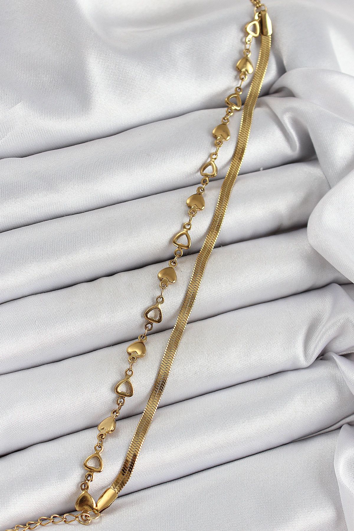 Kuzgun Ticaret 316L Çelik Gold Renk Kalpli Zincir ve İtalyan Zincirli 2'li Kadın Bileklik - TJ-BB7084