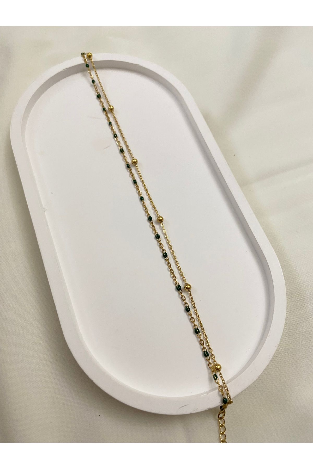 asem jewelry YEŞİL BONCUKLU GOLD RENK ÇİFT ZİNCİR ÇELİK HALHAL