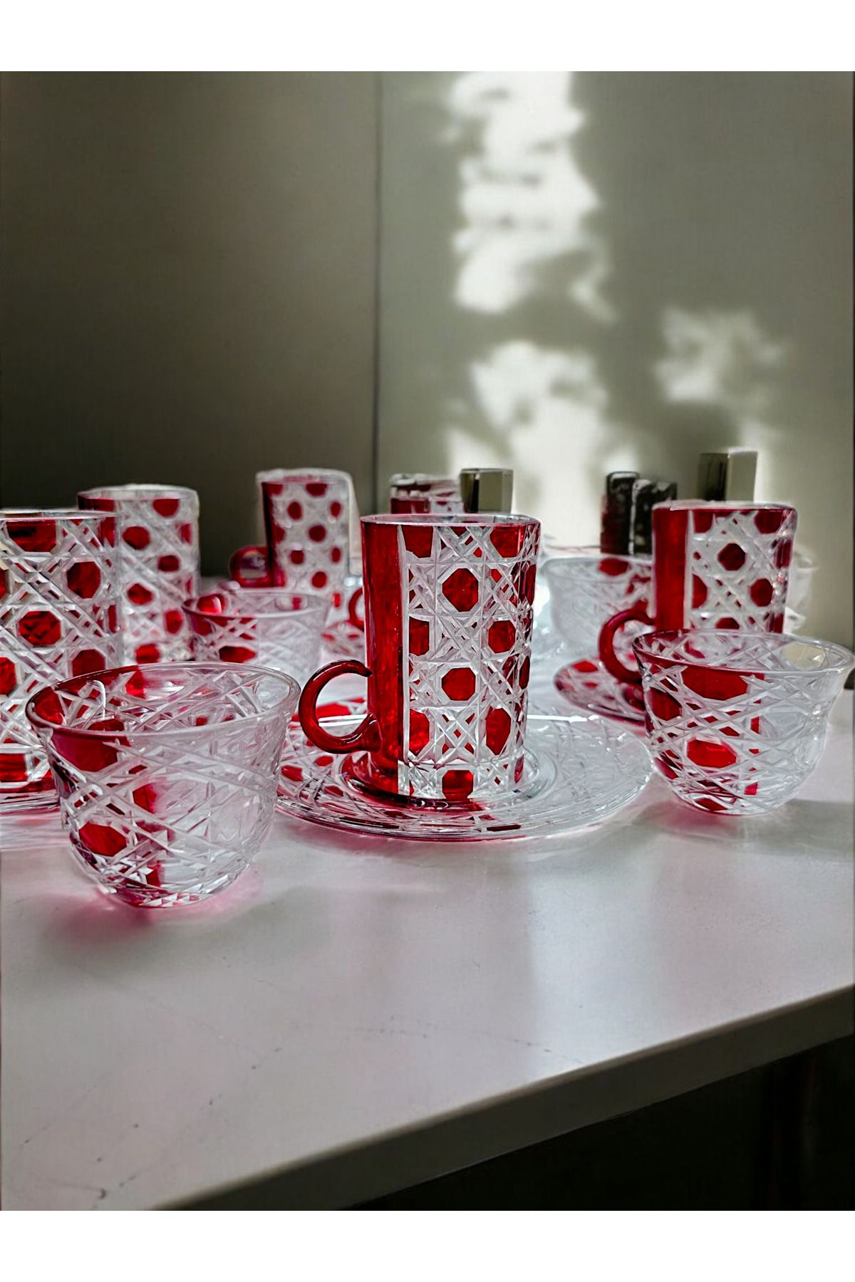 AYZ HOME Kesme Cam Çift Renk Çay ve Mırra Seti - Arap Kahve Seti Çay Takımı 18 Parça 6 Kişilik