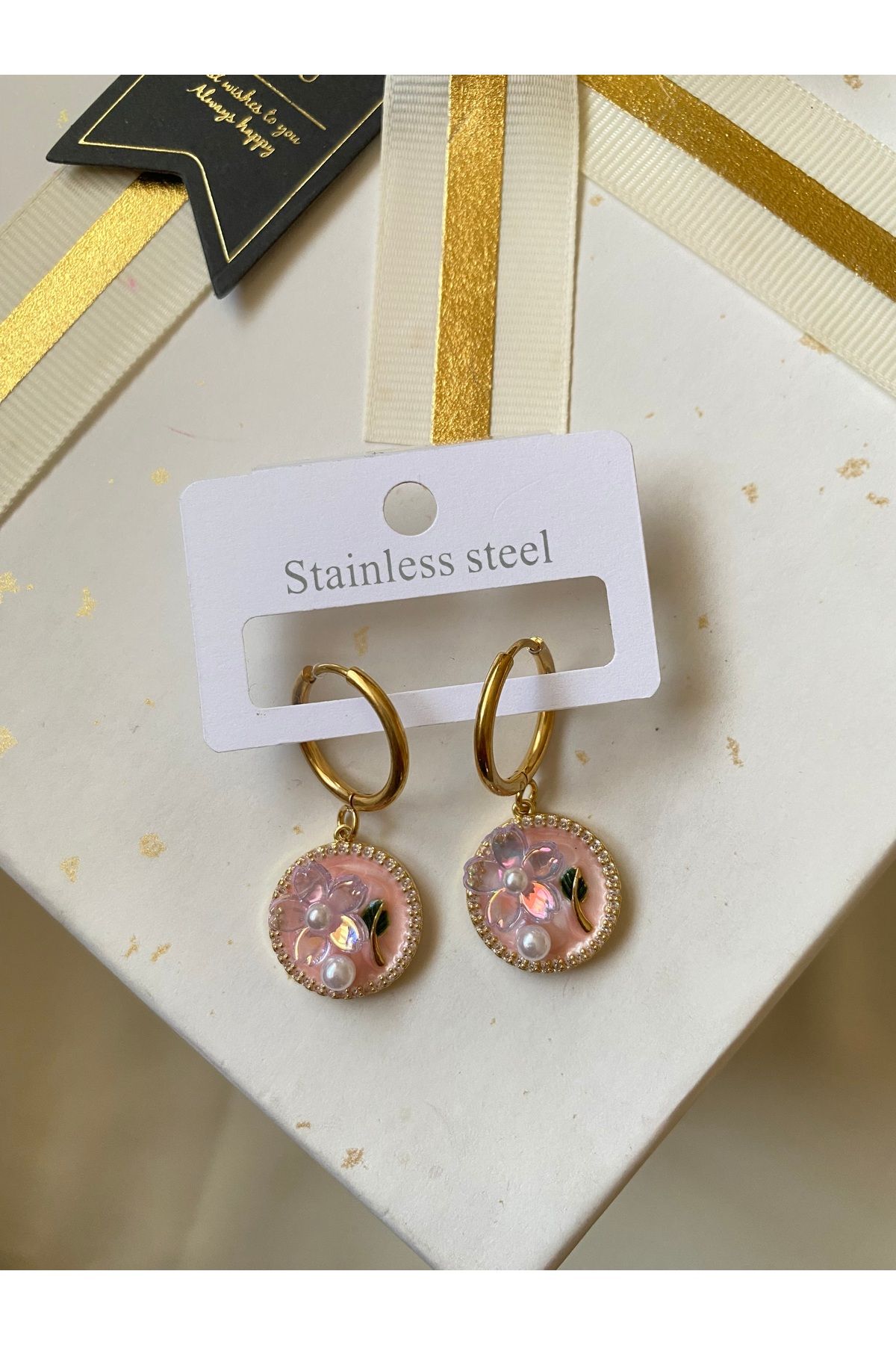 asem jewelry ZARİF ÇİÇEK VE İNCİ SARKITLI VİNTAGE ÇELİK KÜPE