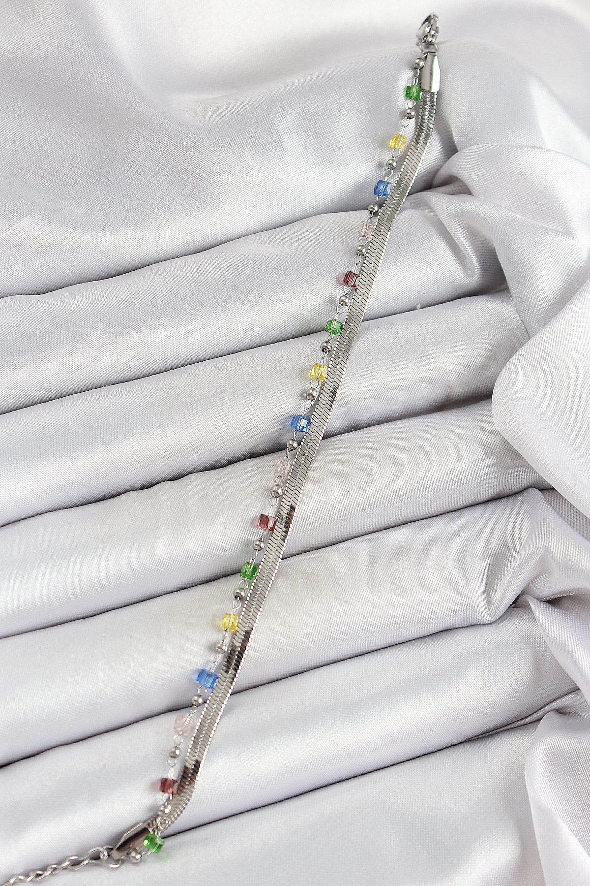 Kuzgun Ticaret 316L Çelik Gümüş Renk Karışık Renkli Kristal Taşlı Kadın Bileklik - TJ-BB7089