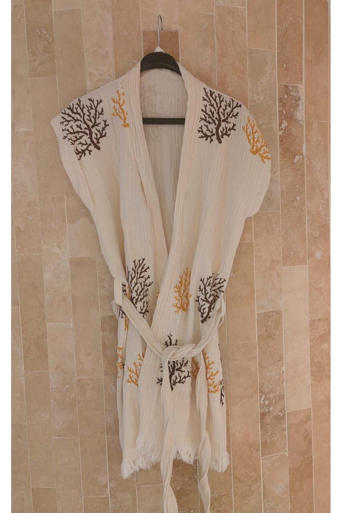 TekStilize Müslin Kahve Mercan Desenli Kimono