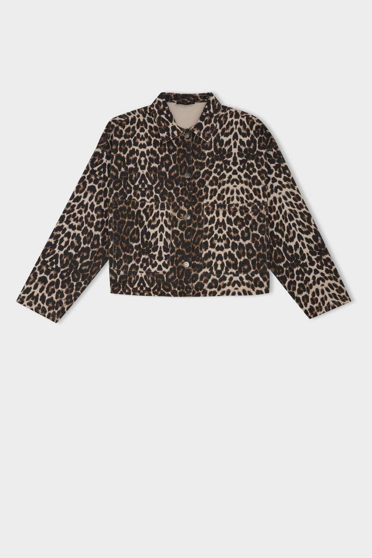 DeFacto Oversize Geniş Kalıp Leopar Desenli Cepli Gabardin Uzun Kollu Ceket Gömlek D7516AX24AU
