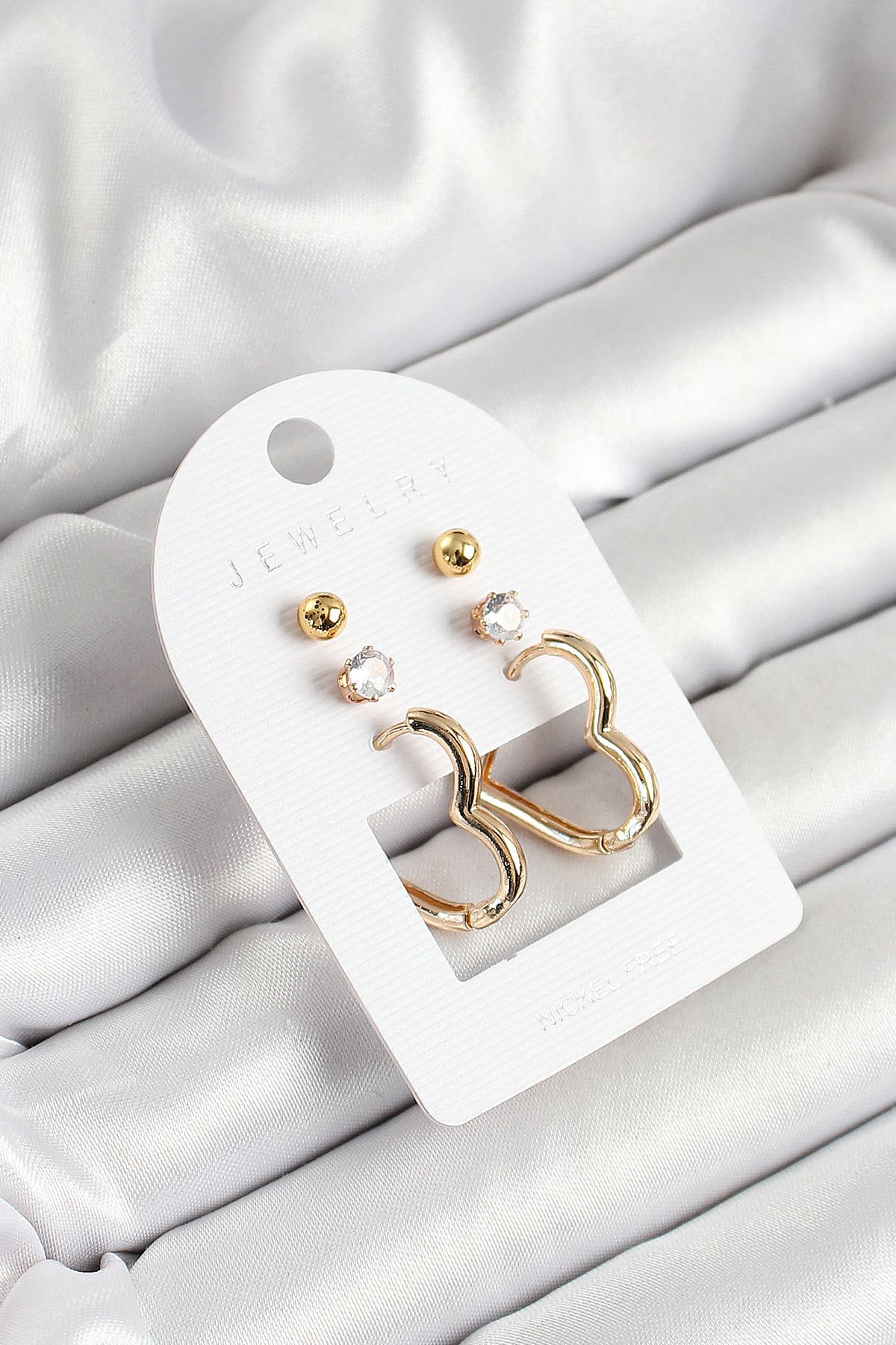 Kuzgun Ticaret Pirinç Zirkon Taş Ve Kalp Figürlü Gold Renk 3'lü Çift Kadın Küpe Set - TJ-BKP10650