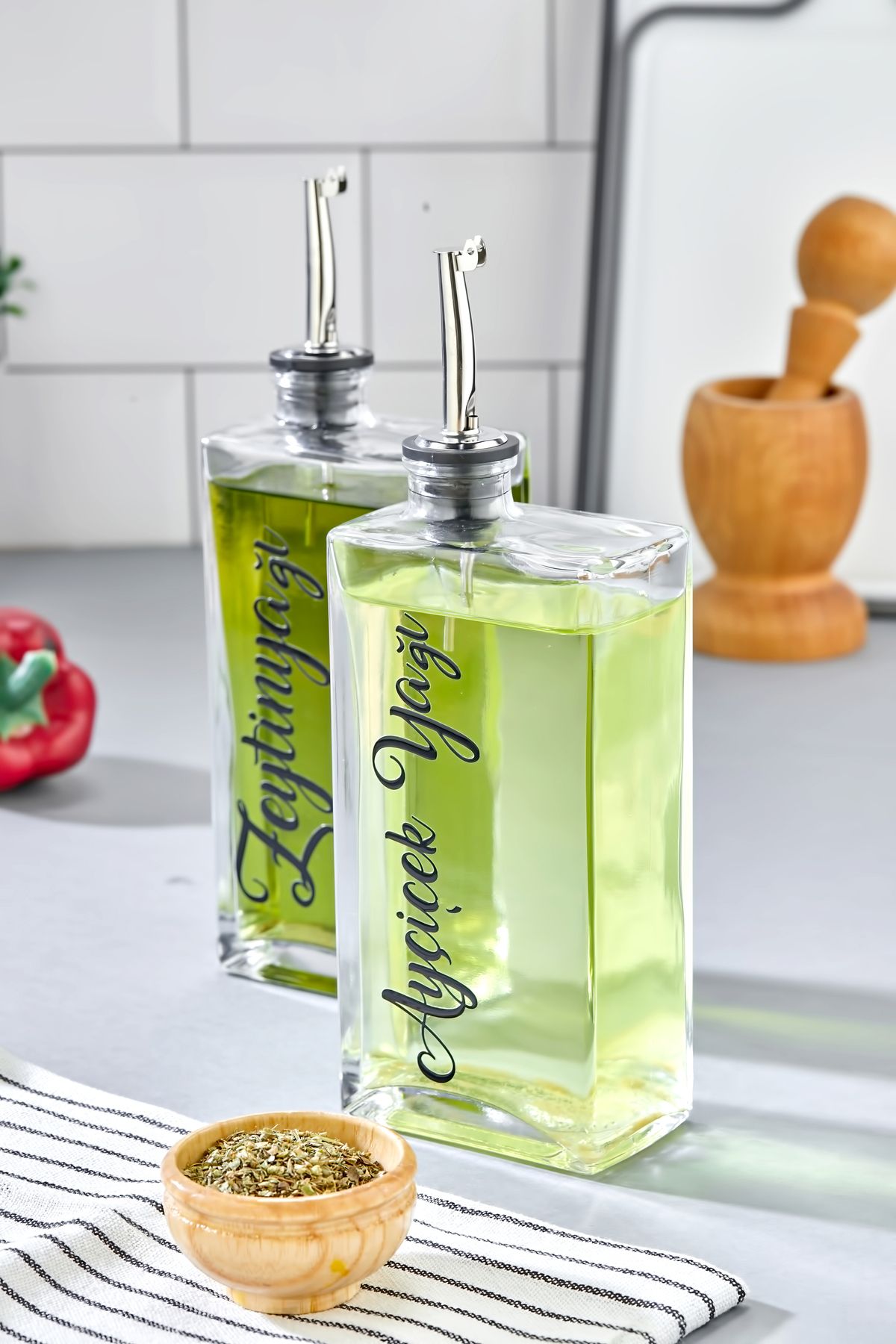 MODA OZY 2'li 500 ml Cam Şişe Zeytinyağı /Ayçiçekyağı Transfer Etiketli Yağdanlık Sosluk Sirkelik