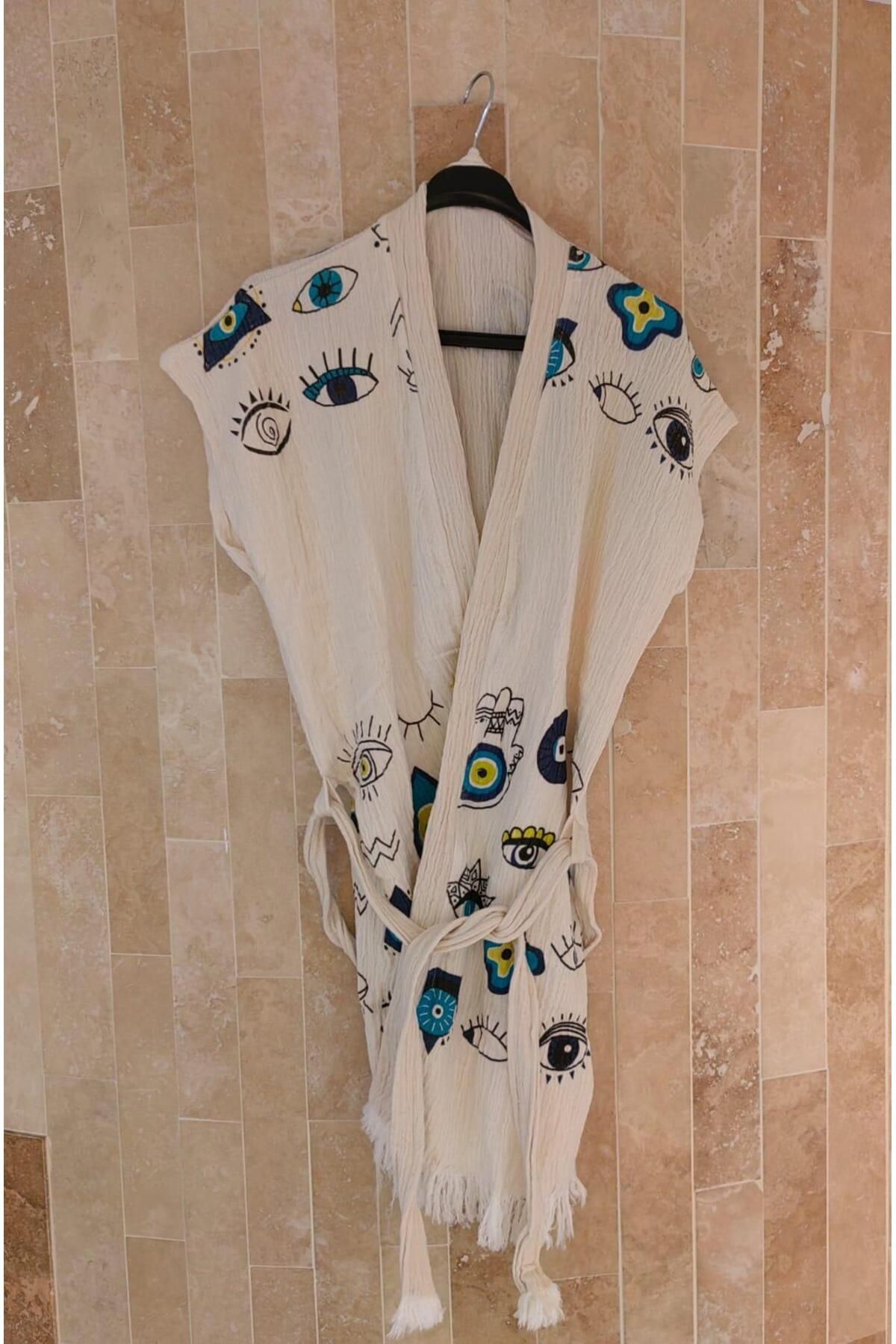 TekStilize Müslin Nazar Boncuklu Göz Desenli Kimono