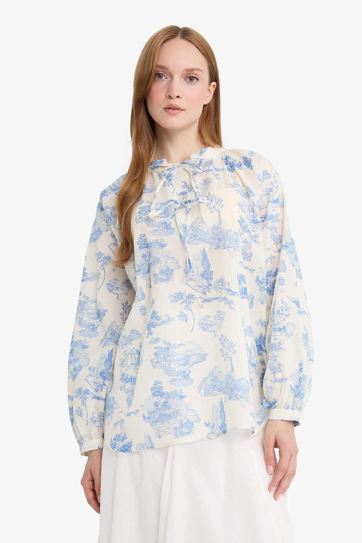 DeFacto Relax Fit Çiçek Desenli Vual Uzun Kollu Gömlek Tunik F4558AX25HS
