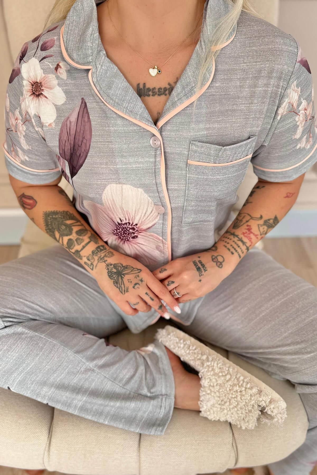 Pijamaevi-Gris Magnolia Patterned Bamboo Front Button Short Sleeve Pajama Set 5