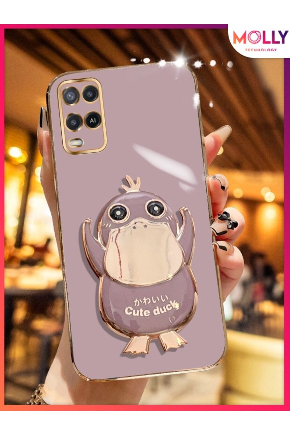 Molly Oppo A54 İçin Lila Sevimli Ördek Standlı Kenarları Gold Detaylı Lüks Silikon Kılıf