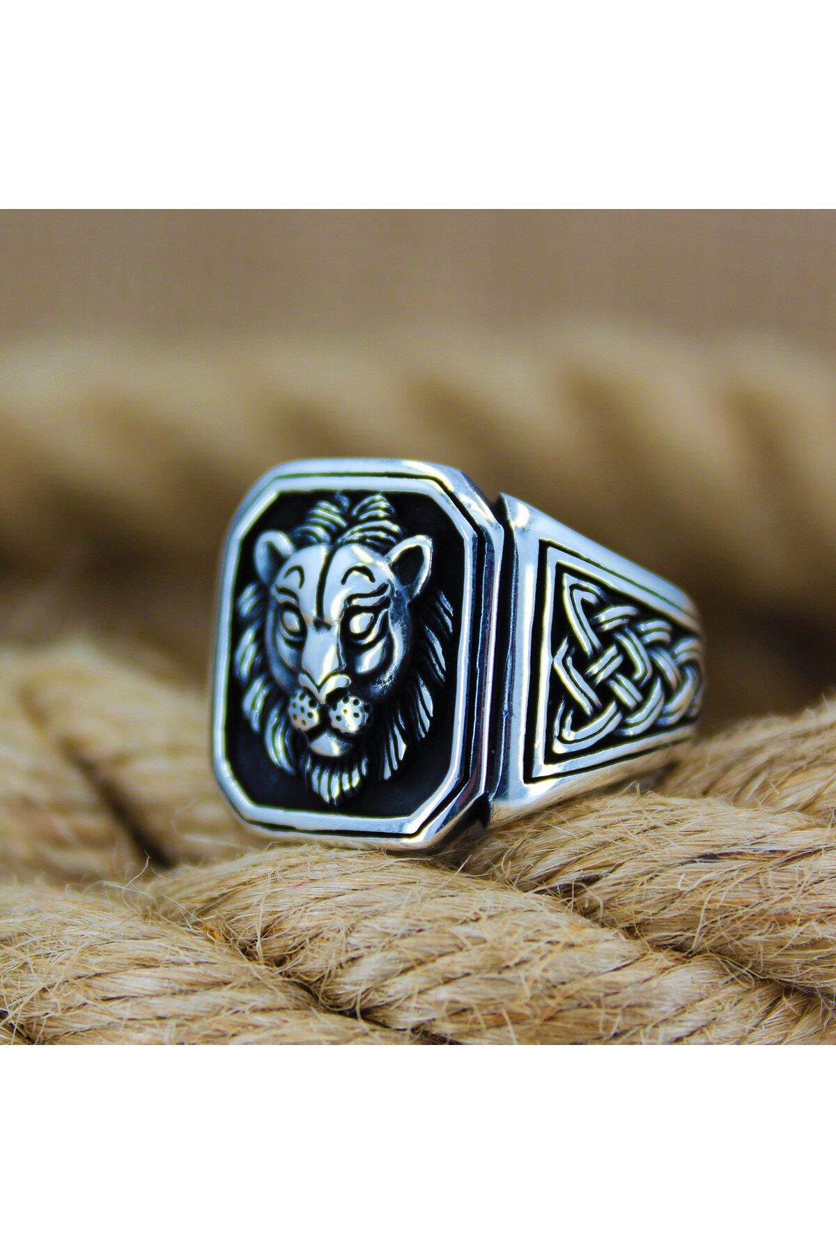 QubbeSilver 925 Ayar 3D Aslan Figürlü Gümüş Erkek Yüzüğü
