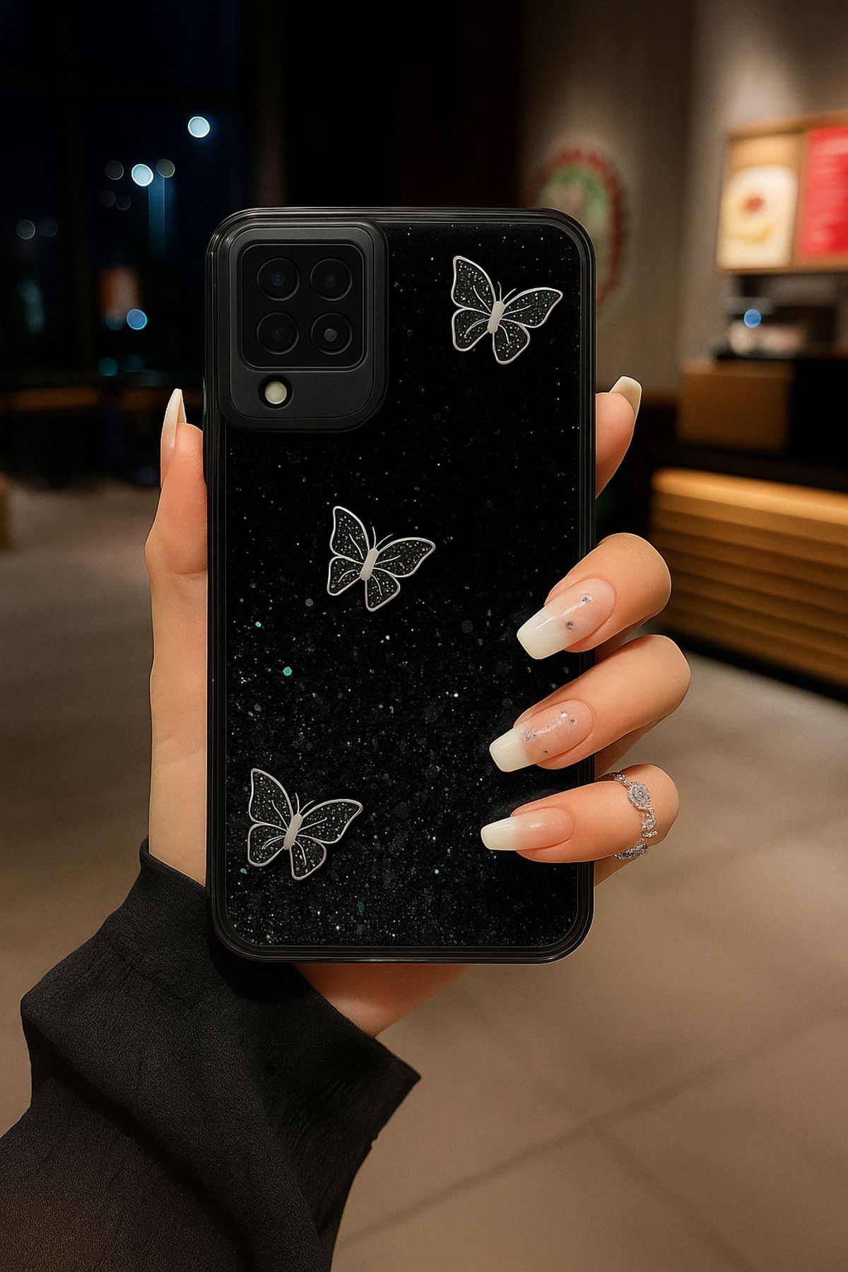 Rivor Samsung Galaxy A22 & M22 & M32 Kılıf Kamera Çıkıntılı Simli Kelebek Kabartmalı Desenli İnce Kapak