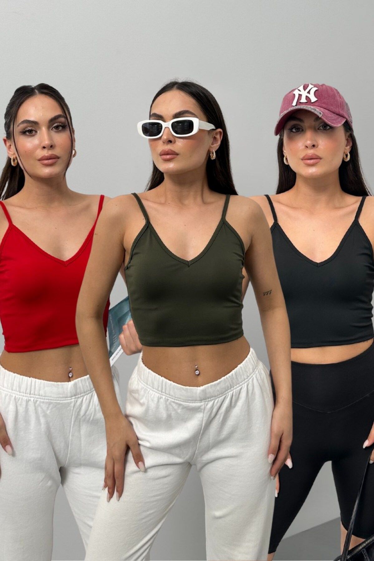spirituel Üçlü Kadın Crop Top Askılı V Yaka Büstiyer Haki Siyah Kırmızı