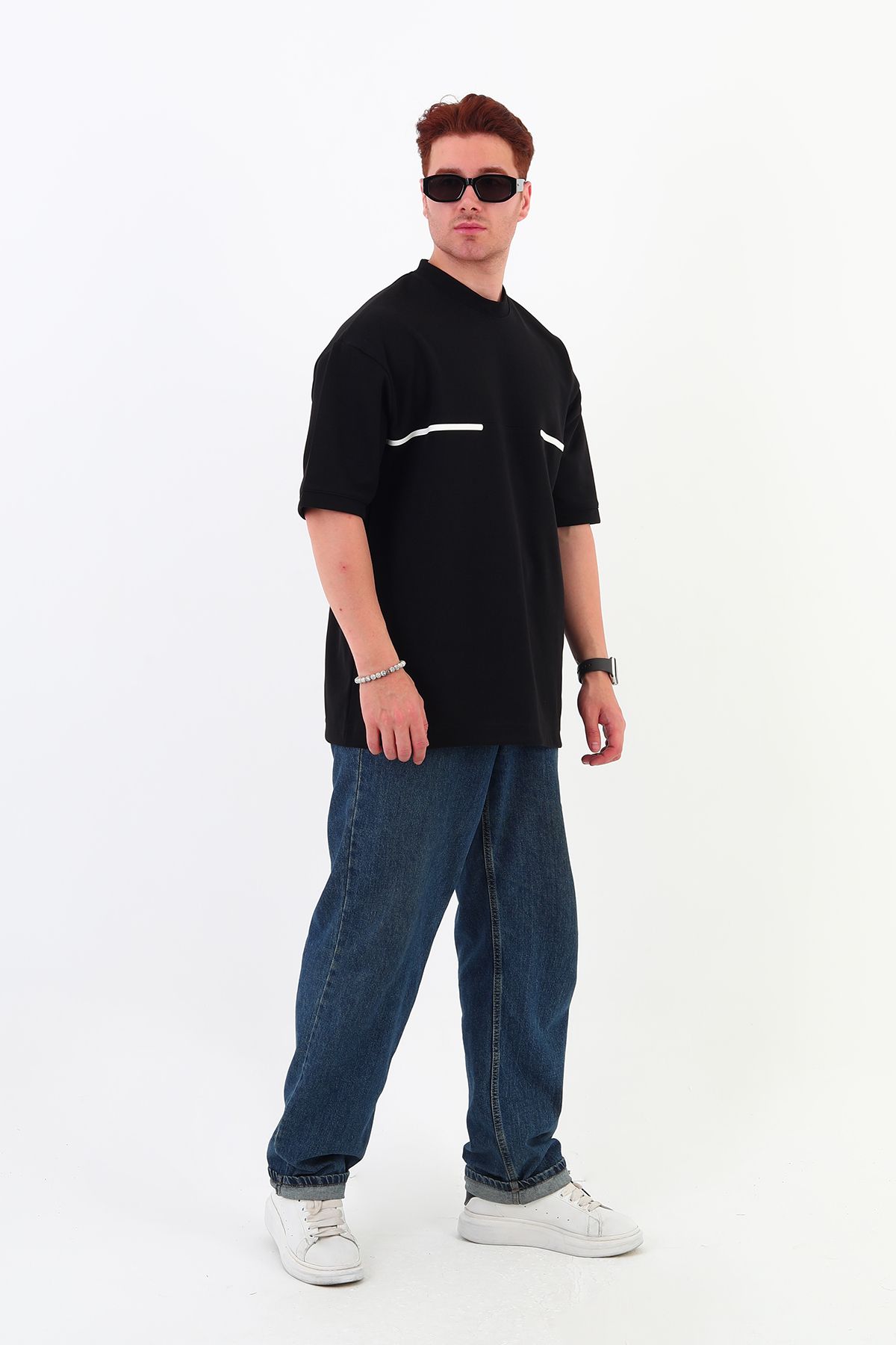 mantova İnce Şeritli Siyah Oversize Erkek T-shirt