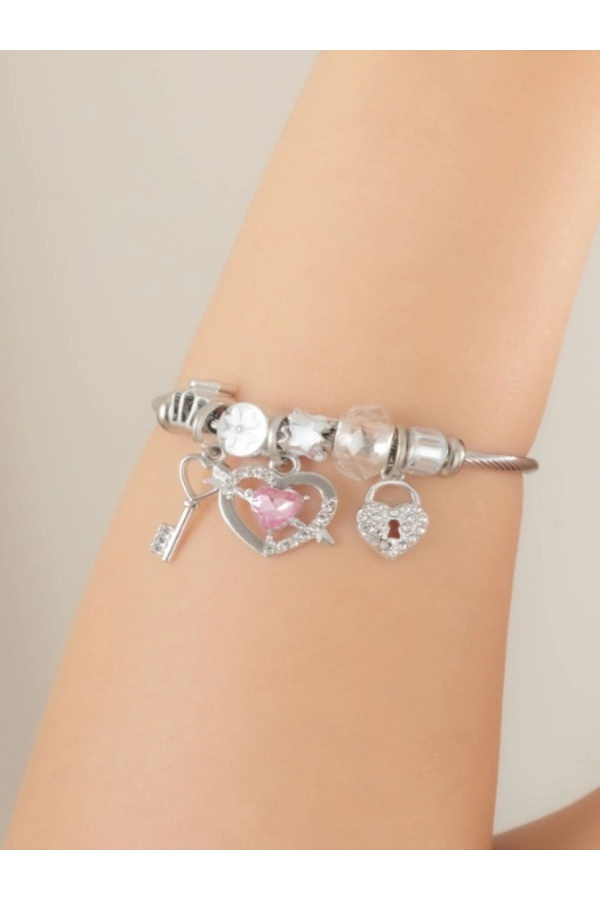 stainless steell Çelik Kalp Anahtar ve Kilit Figürlü Charm Bileklik 316L