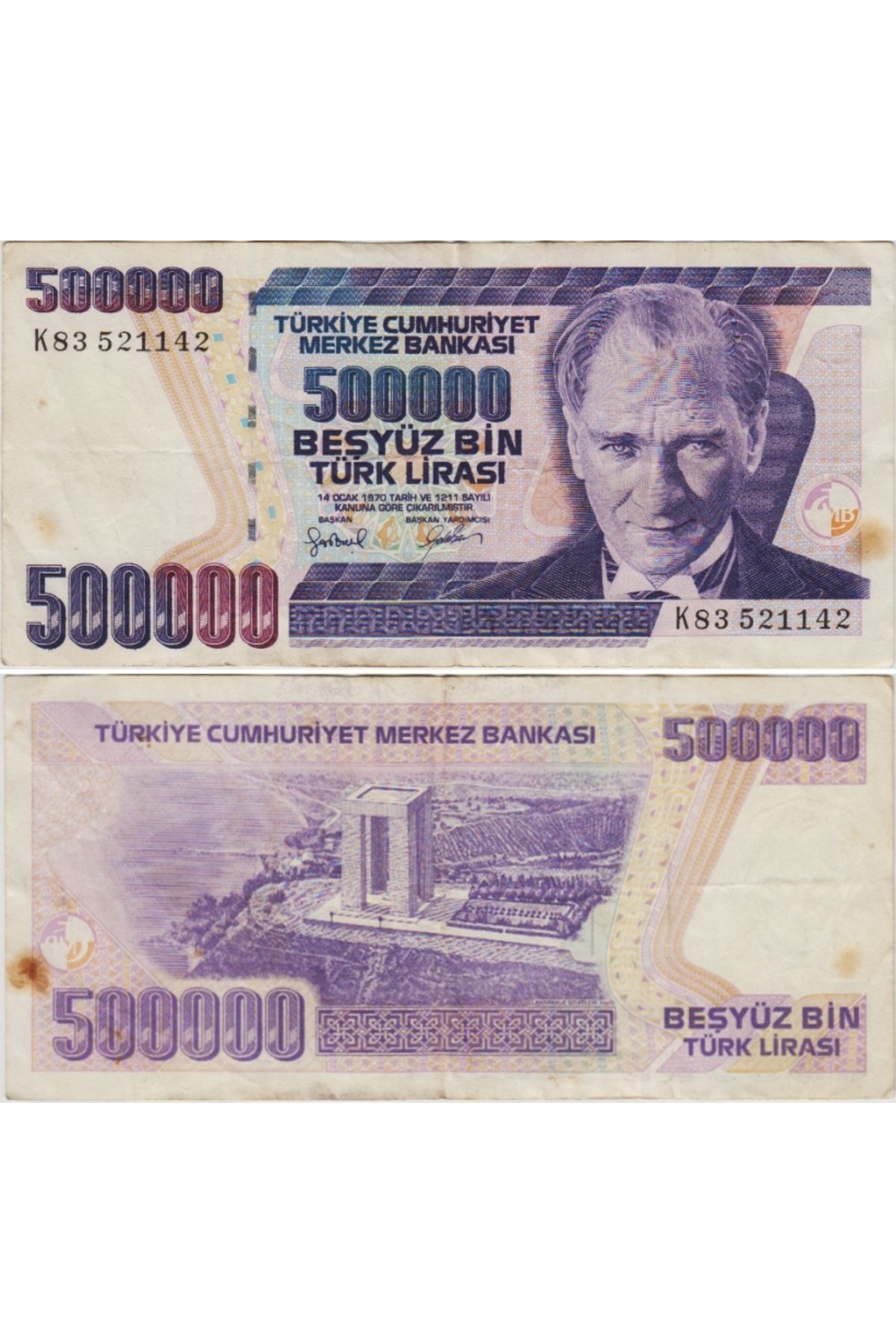 Banknoting TÜRKİYE CUMHURİYETİ 7. EMİSYON 4. TERTİP 500.000 LİRA K83. ÇOK TEMİZ+ KONDİSYON.