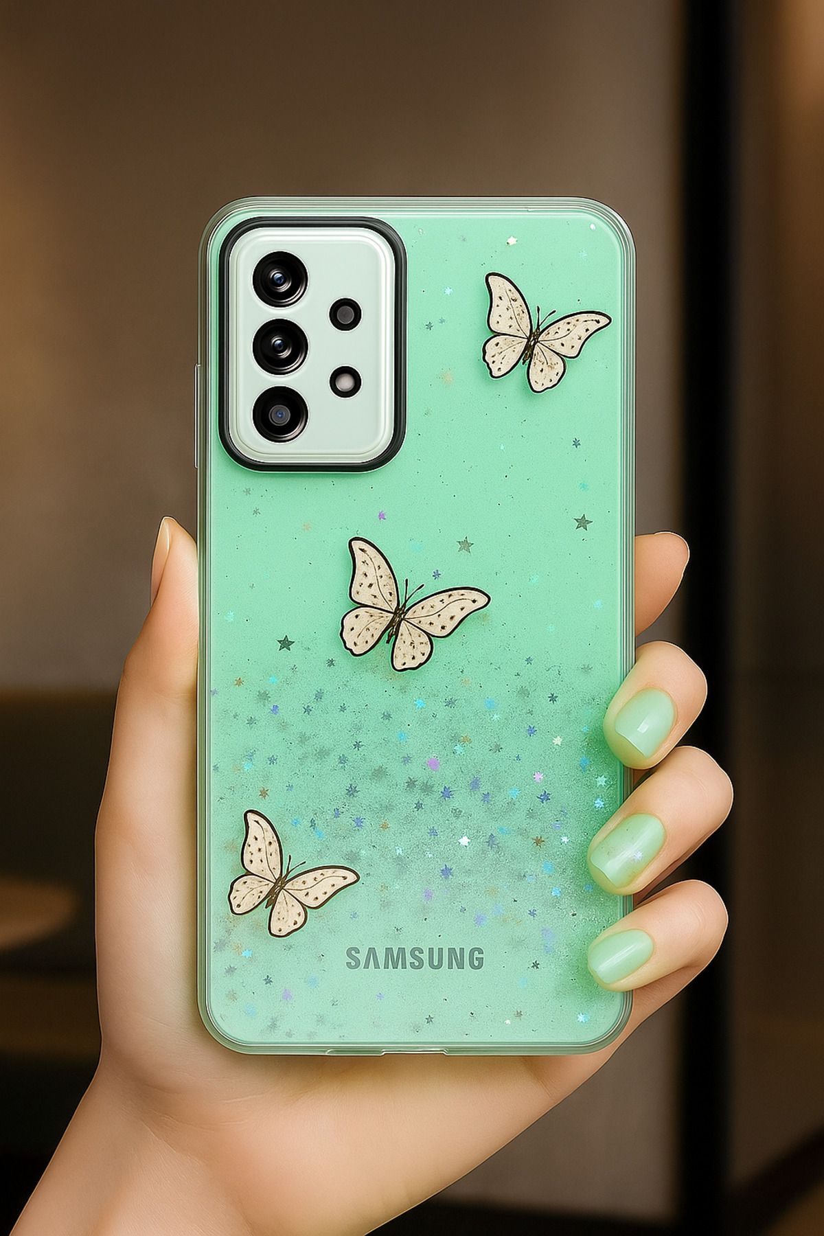 Rivor Samsung Galaxy A23 Uyumlu Kılıf Kamera Çıkıntılı Simli Kelebek Kabartmalı Desenli İnce Premium Kapak