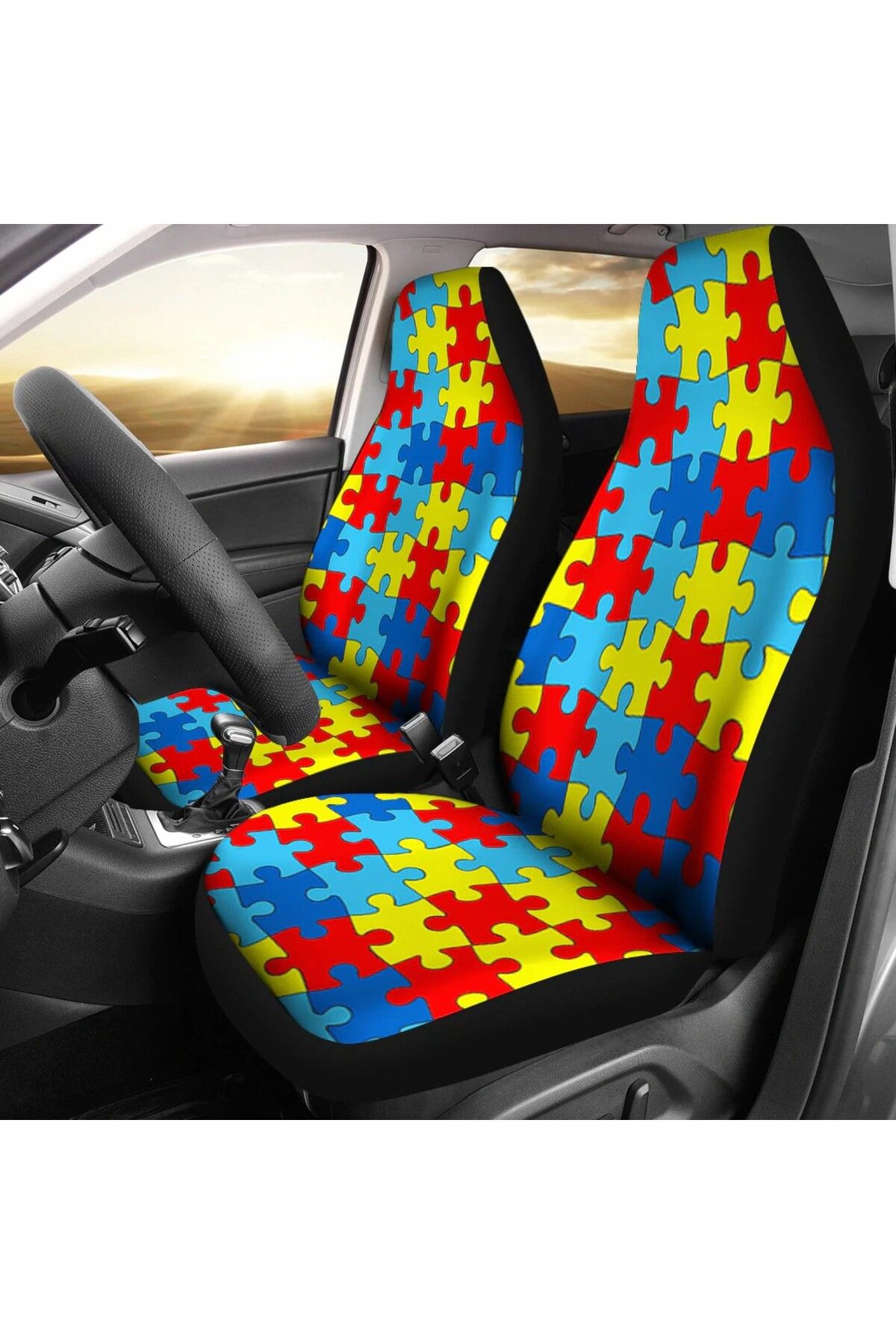 trivexa Renkli Puzzle Desenli Oto Koltuk Kılıfı Ön ve Arka – Yapboz Tasarım