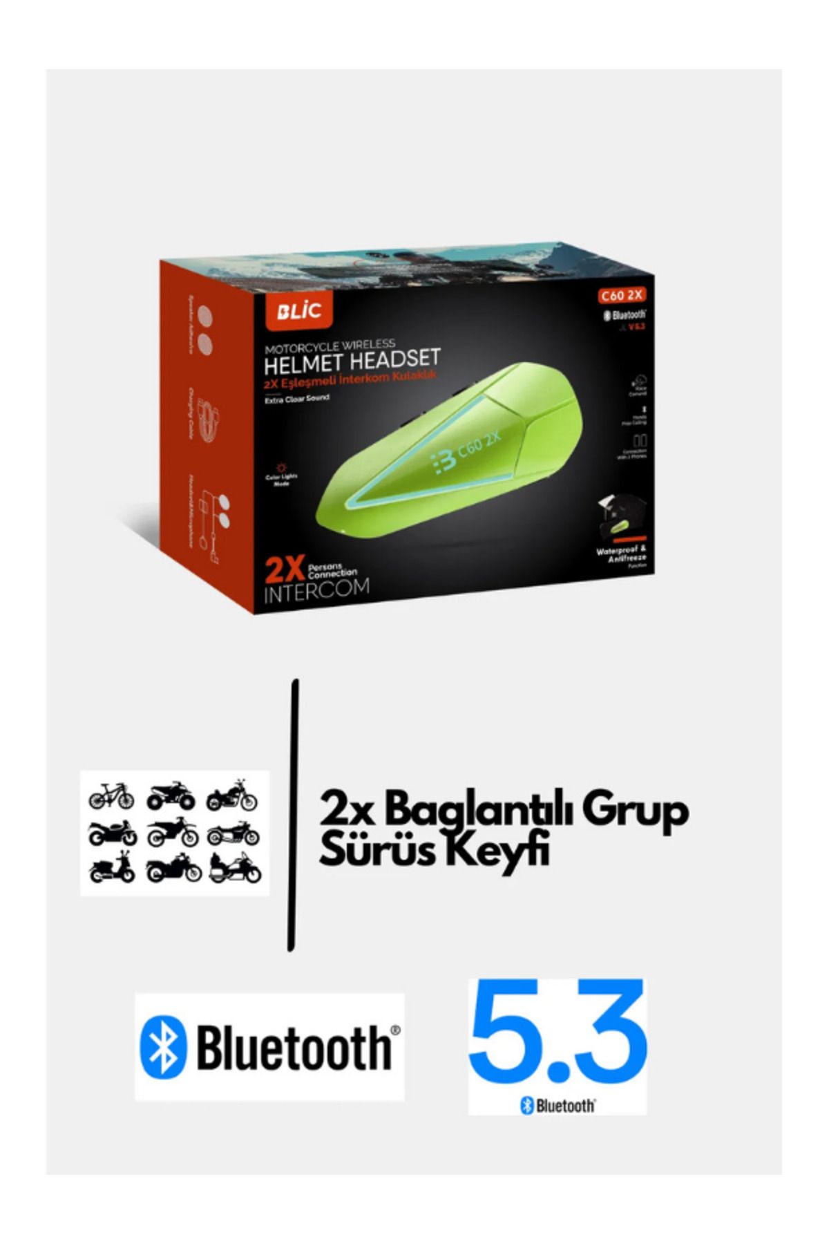 Hietech 2X Bağlantılı Telsizli Bluetooth 5.3 Motosiklet Kask Kulaklık Intercom Motorsiklet Interkom C60-2X