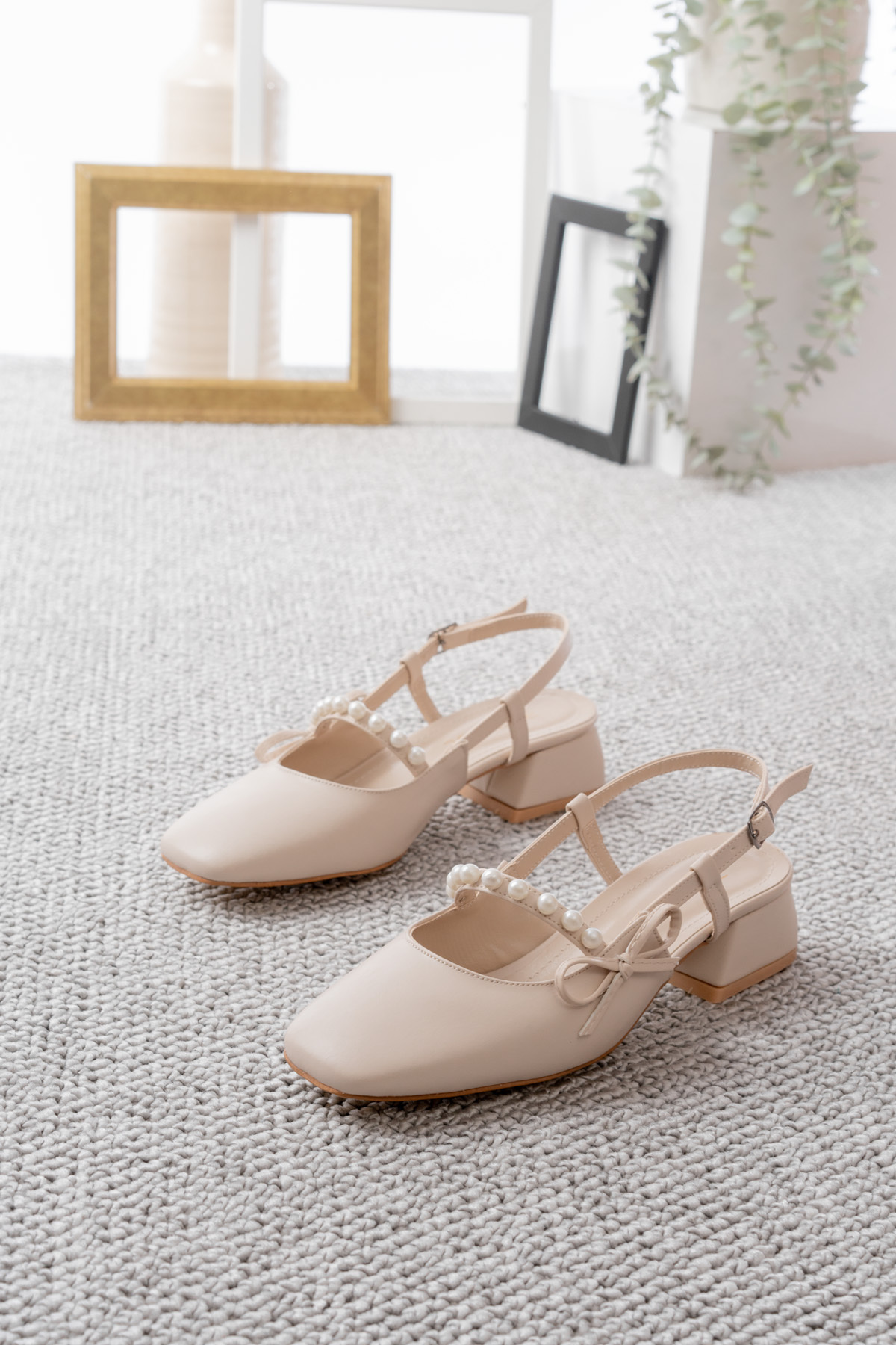 bashrol  Arkası Açık Kare Burunlu Kısa Topuk incili Ten Cilt Günlük Rahat Babet Kadın Topuklu Ayakkabı - Görsel 5