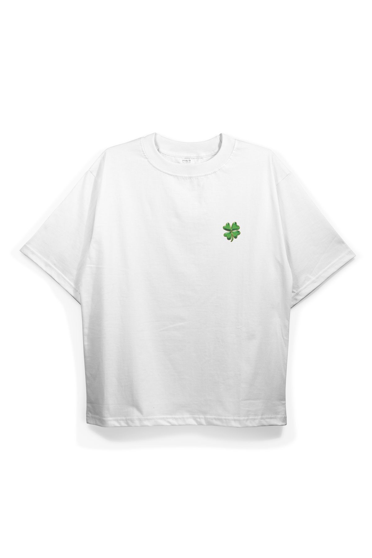 Pinned Unisex Clover Baskılı Beyaz Oversize Tişört | Arka ve Ön Baskılı Pamuk Yazlık Erkek Kadın Tshirt