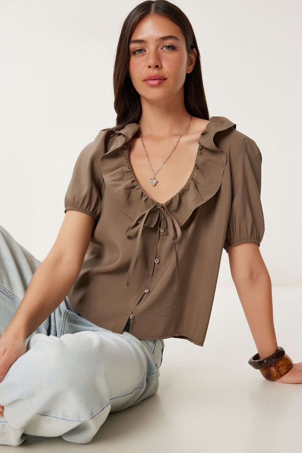 Lovelyİstanbul Volanlı Bağlama Detaylı Modal Bluz HAKİ LMX0095