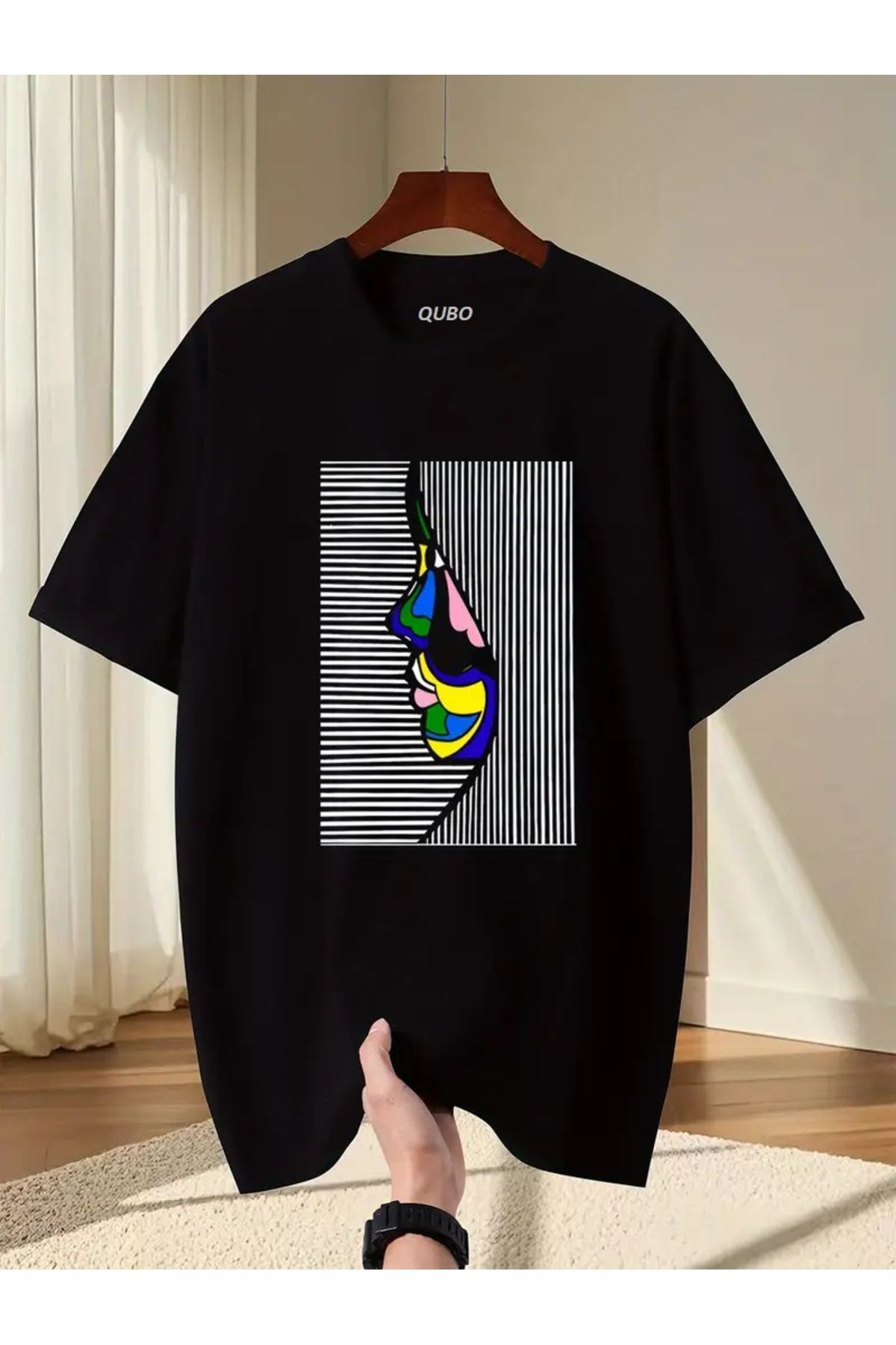 qubo sportswear & company qubo Unisex Oversize Baskılı Pamuklu Bisiklet Yaka Kısa Kollu SİYAH T-shirt