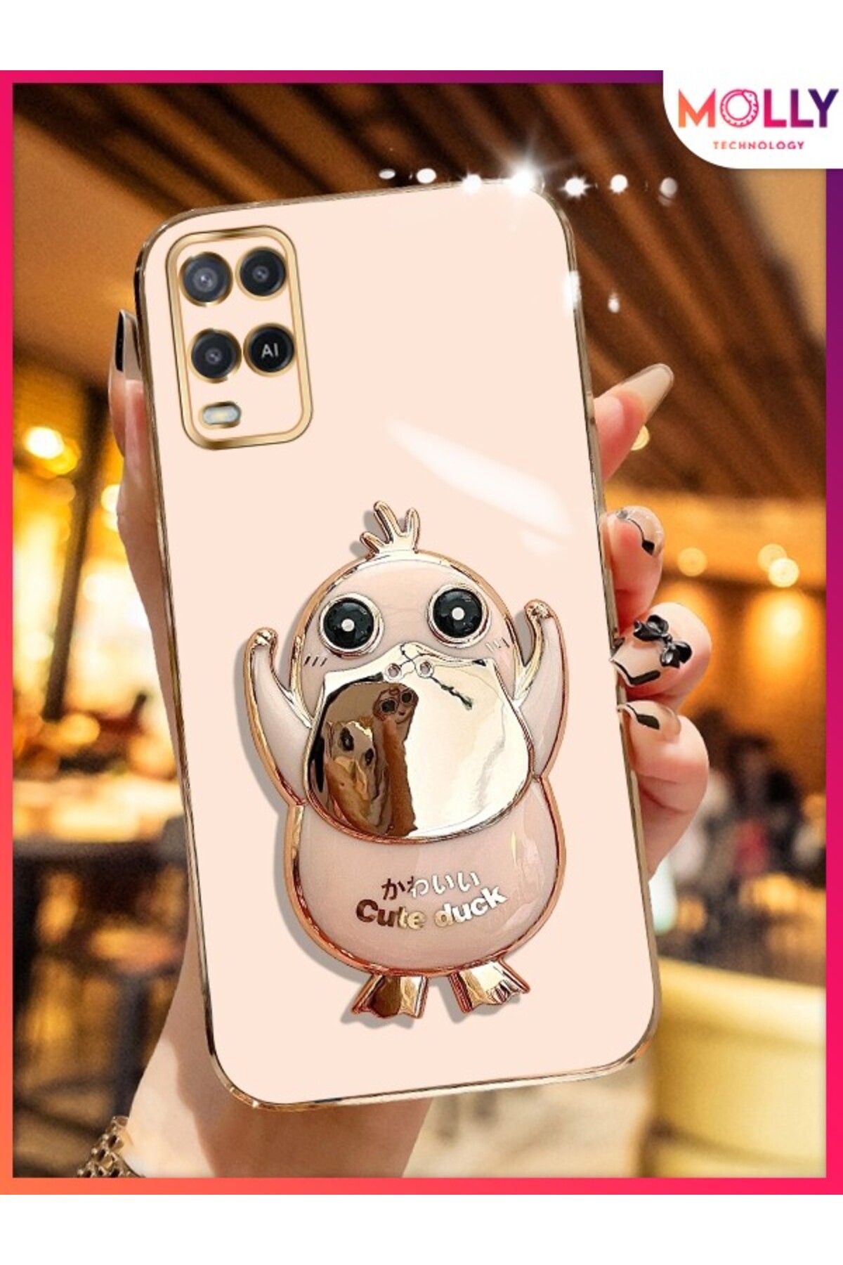 Molly Oppo A54 İçin Rose Sevimli Ördek Standlı Kenarları Gold Detaylı Lüks Silikon Kılıf