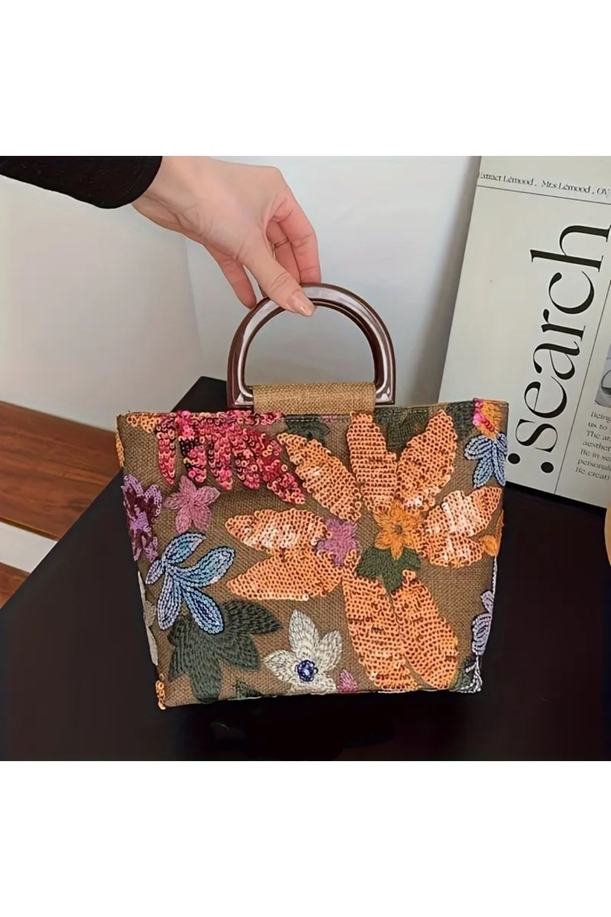 Doze Çiçek Desenli Handmade Hasır El Çantası
