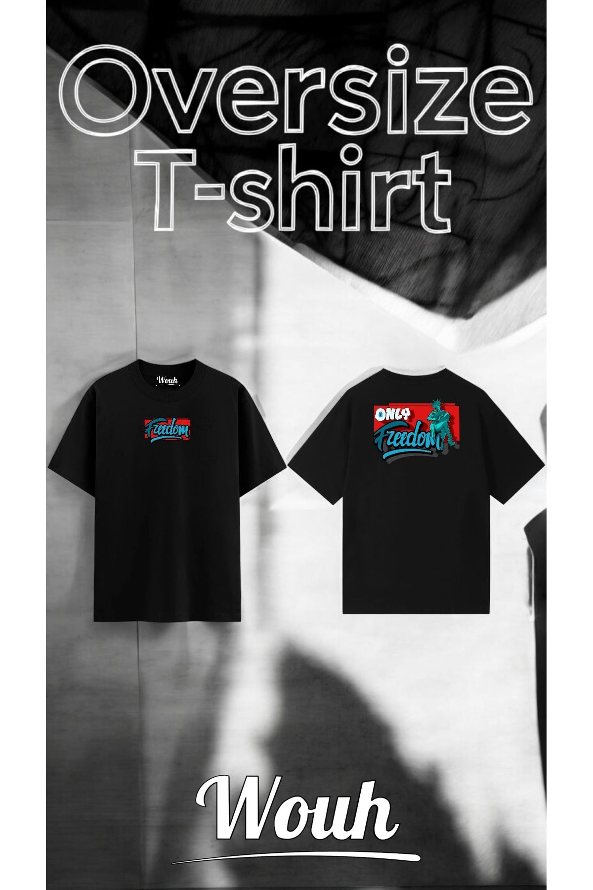 Wouh Freedom Baskılı Siyah Oversize Tişört