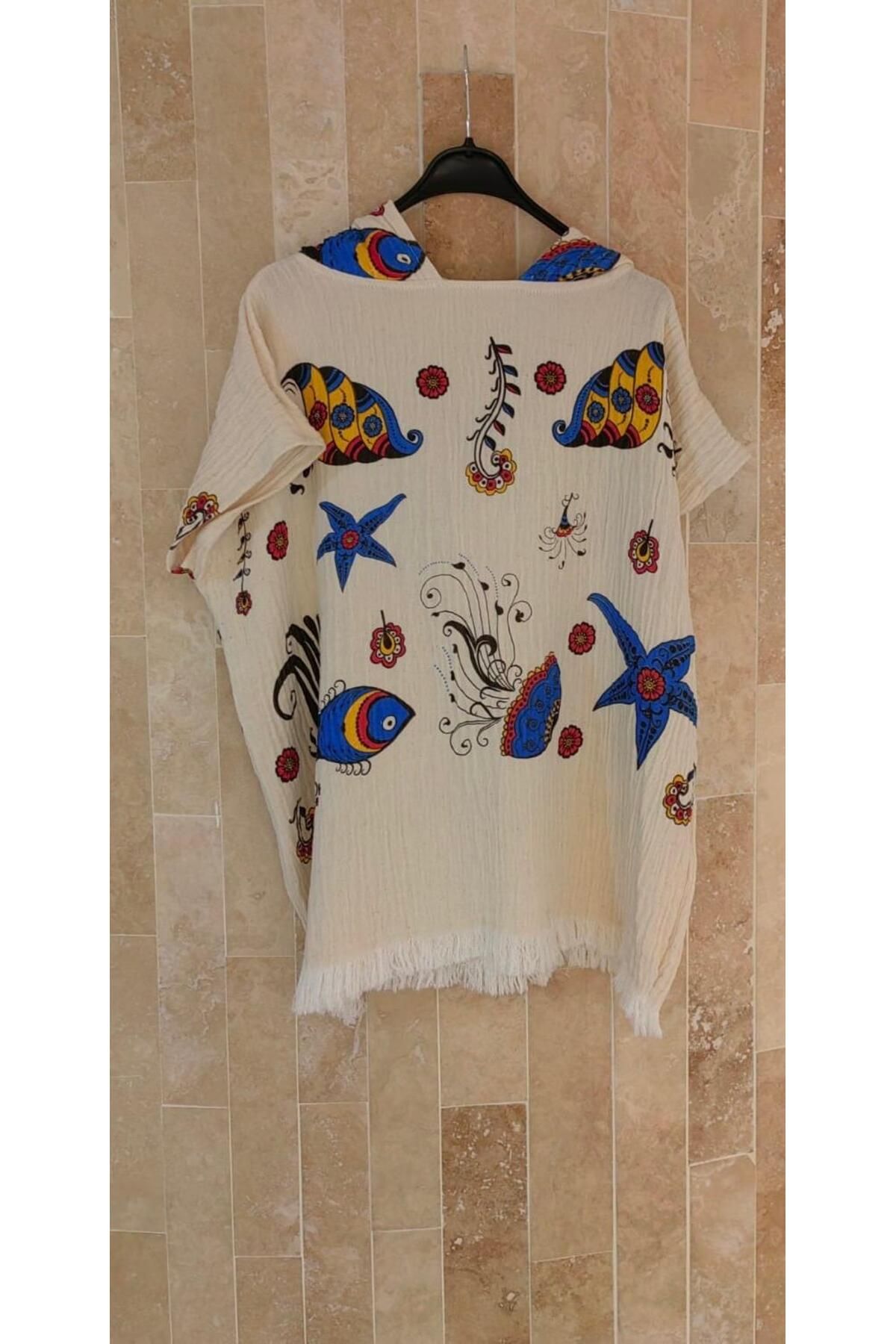 TekStilize Müslin Balık Desenli Çoçuk Panço 8-12 Yaş