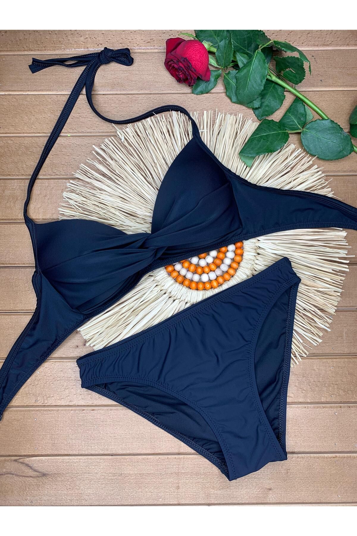XORVİO Kadın Likralı Esnek Boyundan Bağlamalı İpli Şık Kaliteli Dolgulu Bikini Takım
