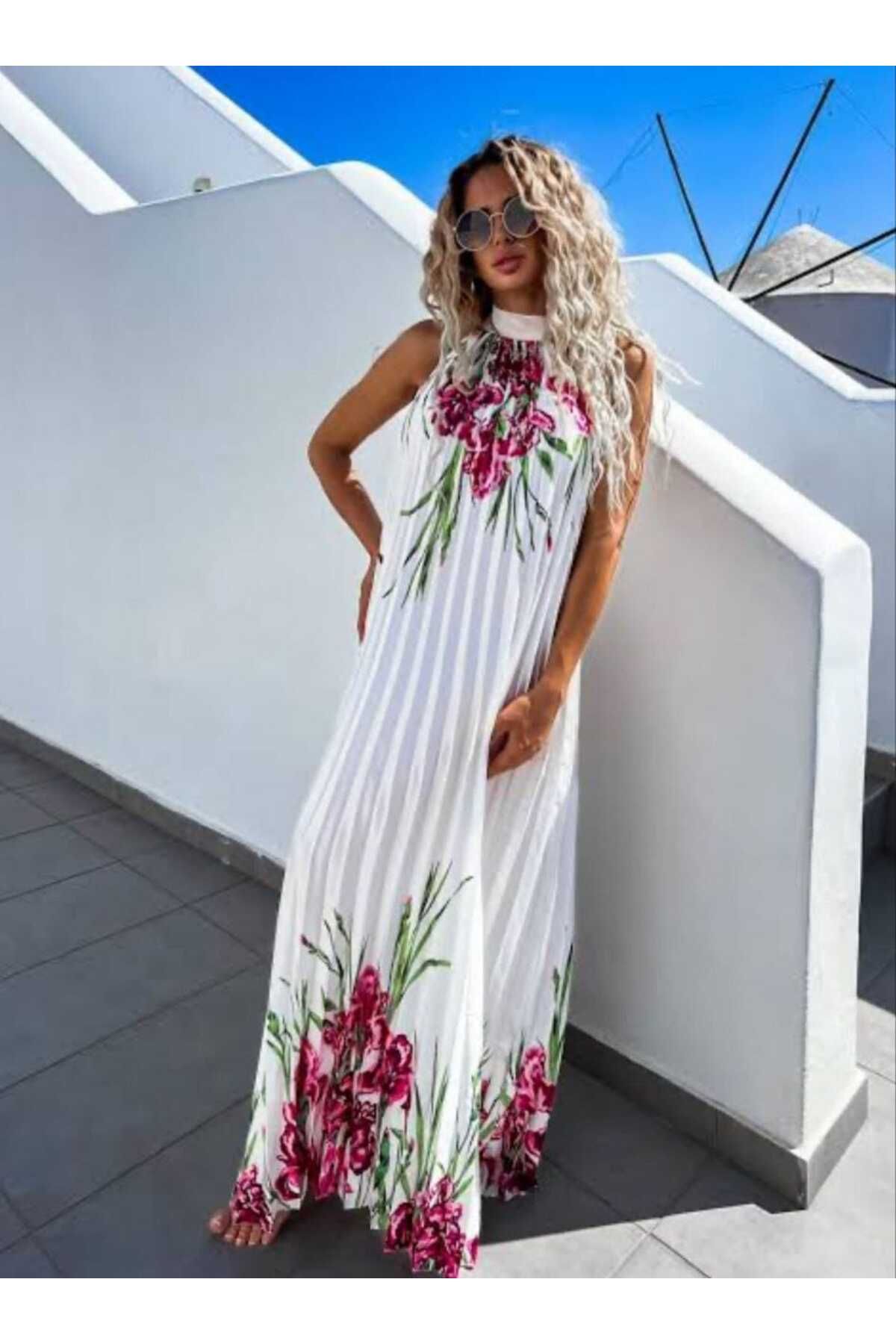 Butik Şenel Pİliseli Uzun Baskılı Saten Elbise