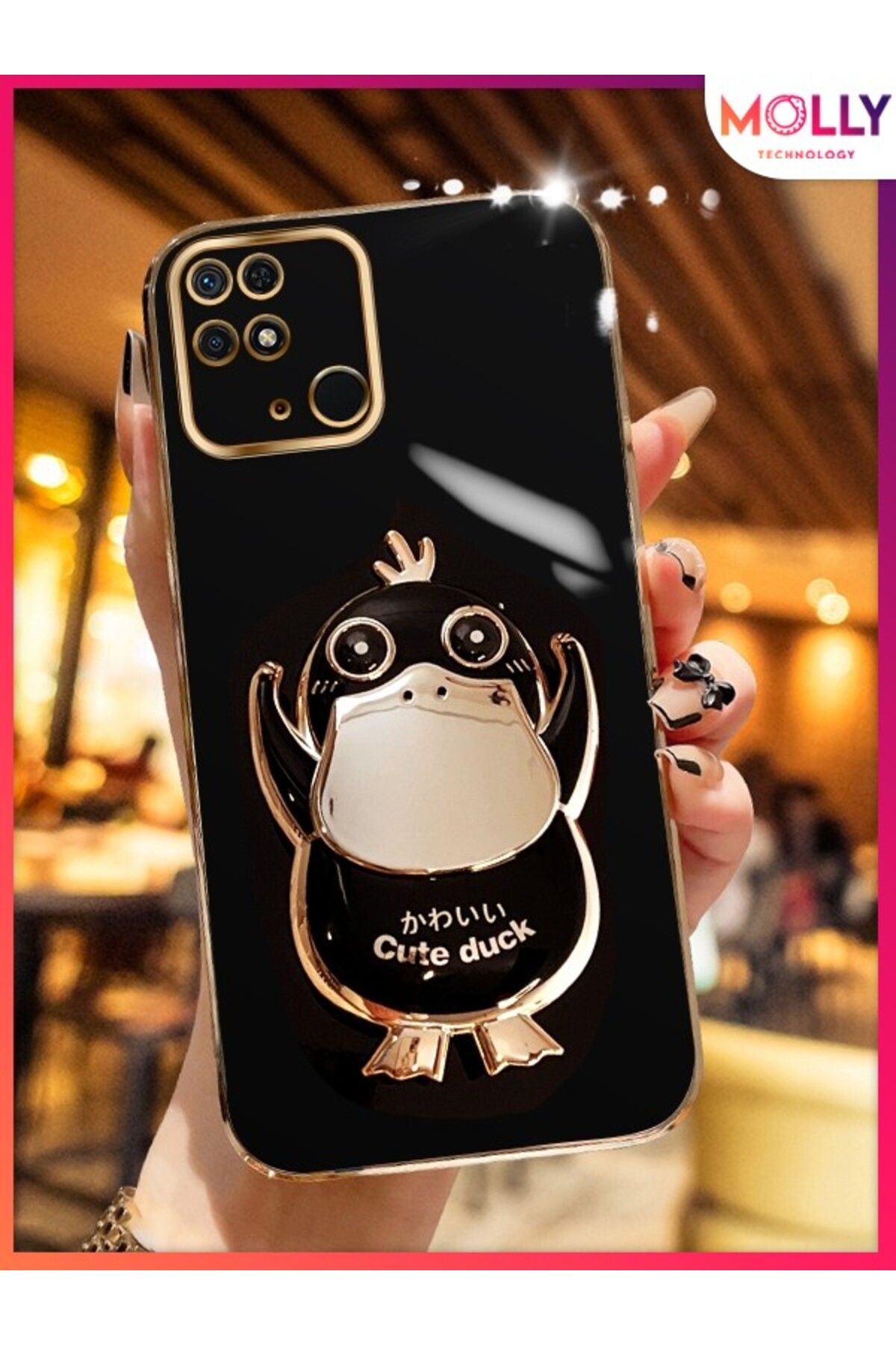 Molly Xiaomi Redmi 10C İçin Siyah Sevimli Ördek Standlı Kenarları Gold Detaylı Lüks Silikon Kılıf