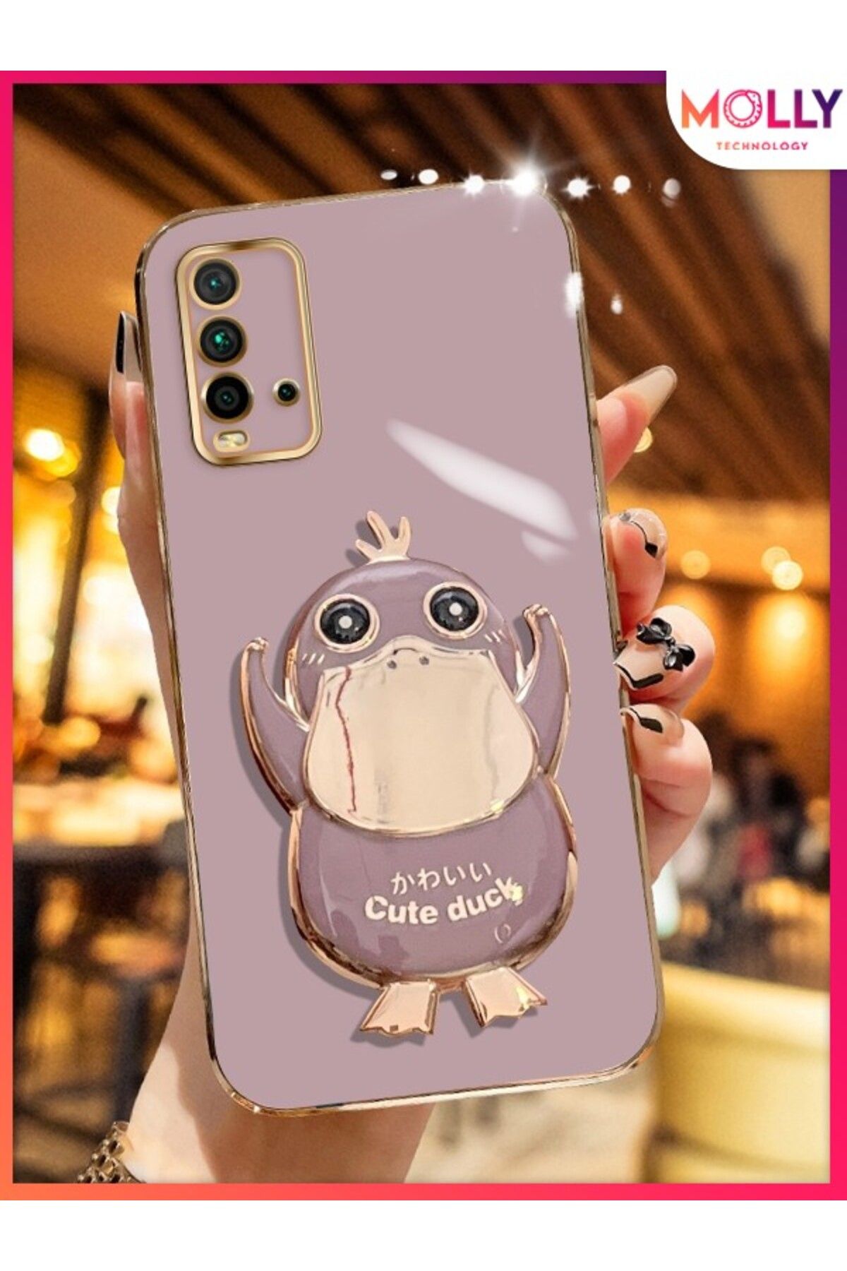 Molly Xiaomi Redmi 9T İçin Lila Sevimli Ördek Standlı Kenarları Gold Detaylı Lüks Silikon Kılıf