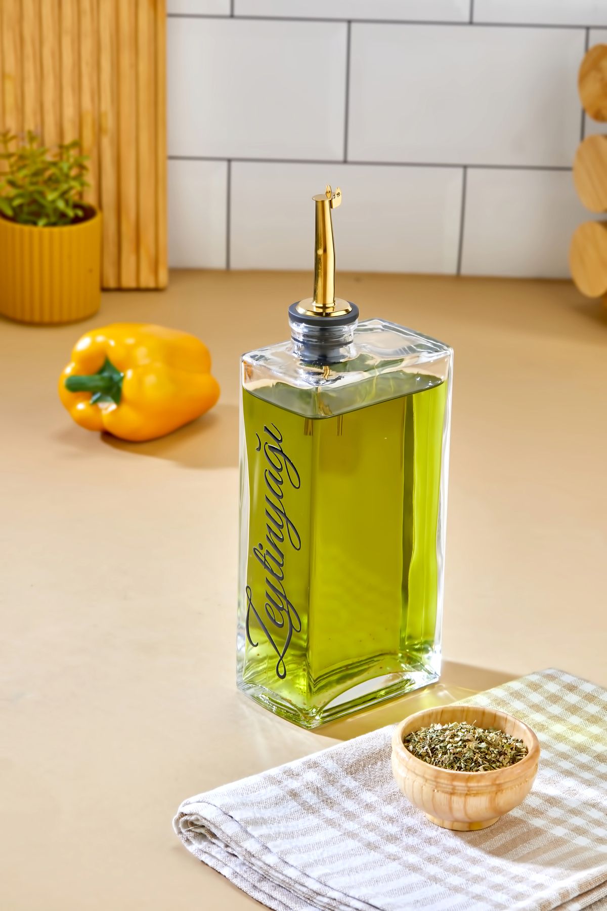 MODA OZY 1 Adet Cam Yağdanlık Metal Gold Kapaklı Transfer Etiketli Ayçiçek/Zeytinyağı/Sirke/Narekşisi 500ml